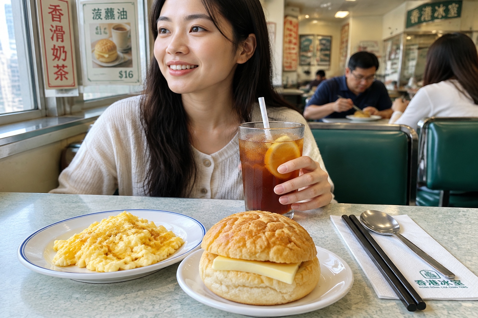 Traditional Hong Kong cha chaan teng breakfast set with scrambled eggs, pineapple bun, and iced lemon tea on a formica table
