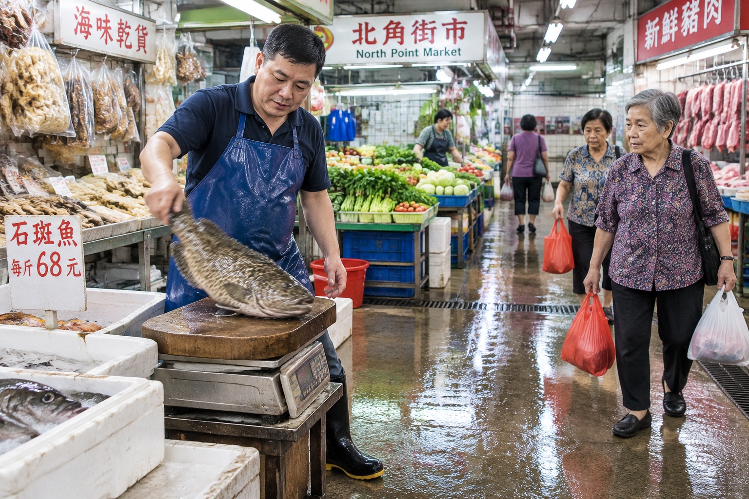 Fishmonger weighing a fresh grouper at a wet market stall in North Point, Hong Kong
