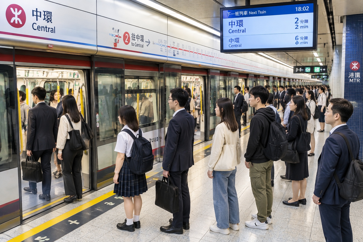 Hong Kong MTR platform at rush hour with orderly queues of commuters waiting for a train