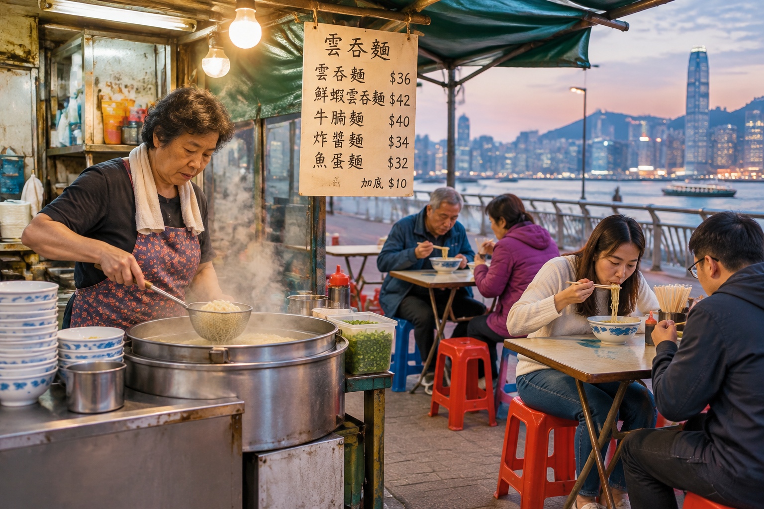 Woman cooking wonton noodles at a dai pai dong open-air street stall in Hong Kong at dusk