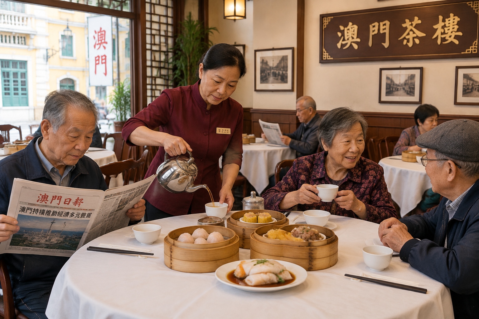 Elderly locals enjoying morning dim sum and tea inside a traditional Macau tea house