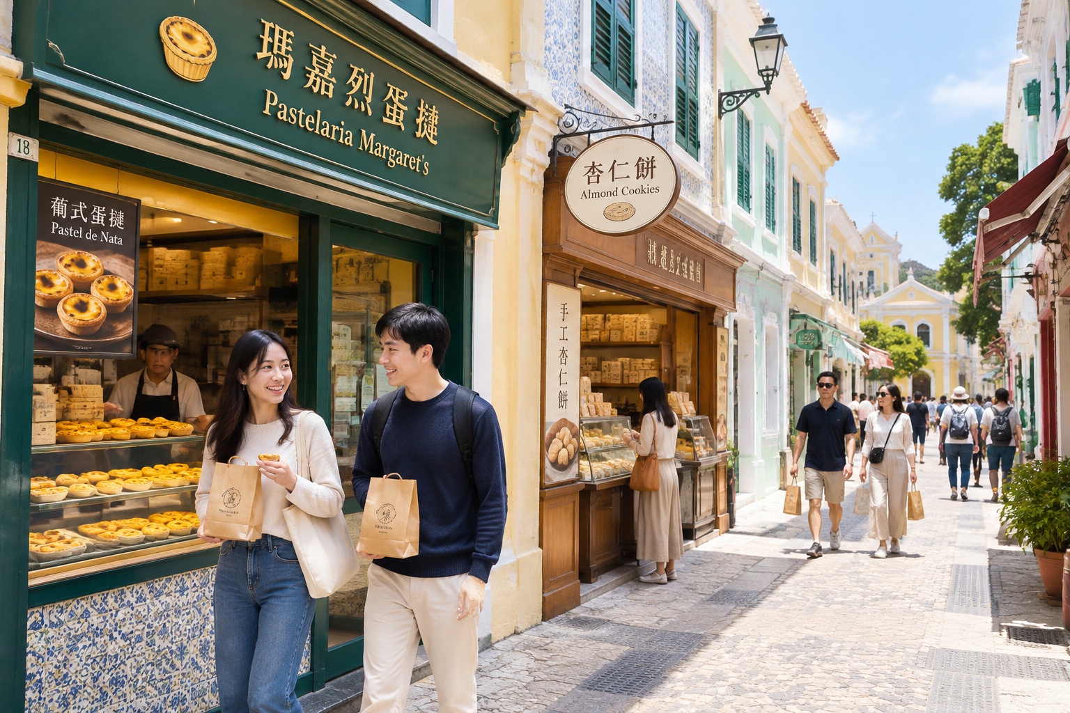 Pedestrians walking along Rua do Cunha in Taipa Village, Macau, lined with bakeries selling egg tarts and snacks