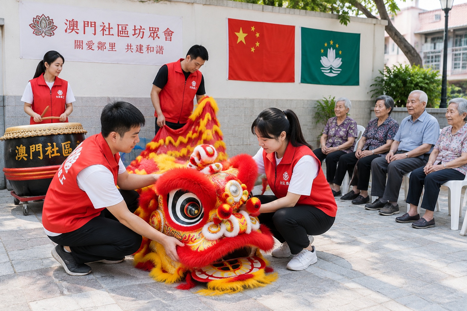 Volunteers preparing a lion dance performance at a Macau neighborhood association event