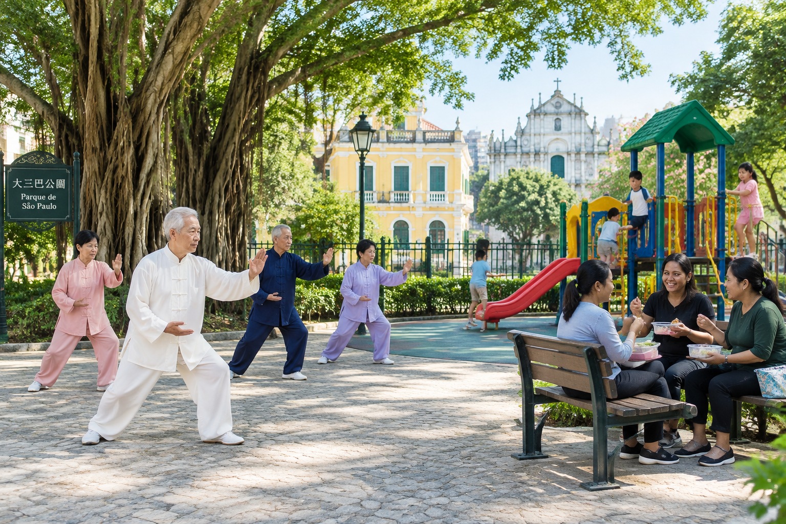 Retirees practicing tai chi and children playing in a small public park in Macau