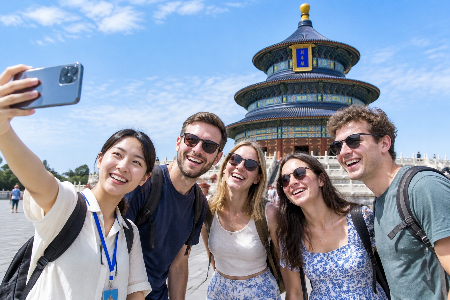 A Chinese woman taking a group photo for foreign tourists at a popular scenic spot in China