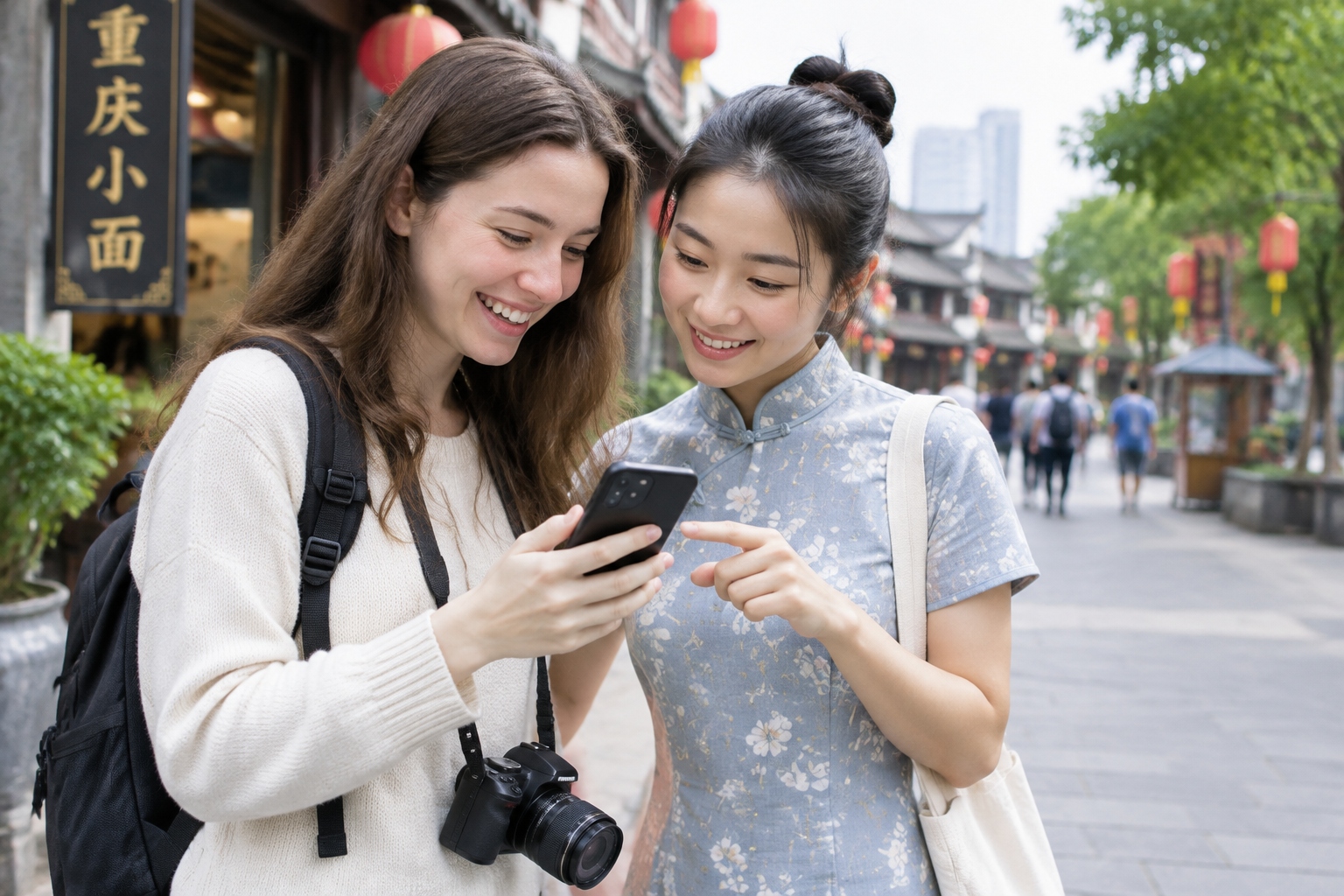 Foreign tourist reviewing a photo with a Chinese local who took it on a city street in China