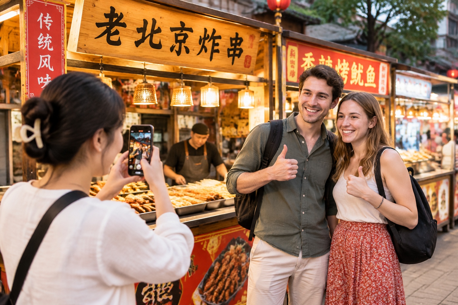 A Chinese tourist taking a photo for a foreign couple at a lively night market in China