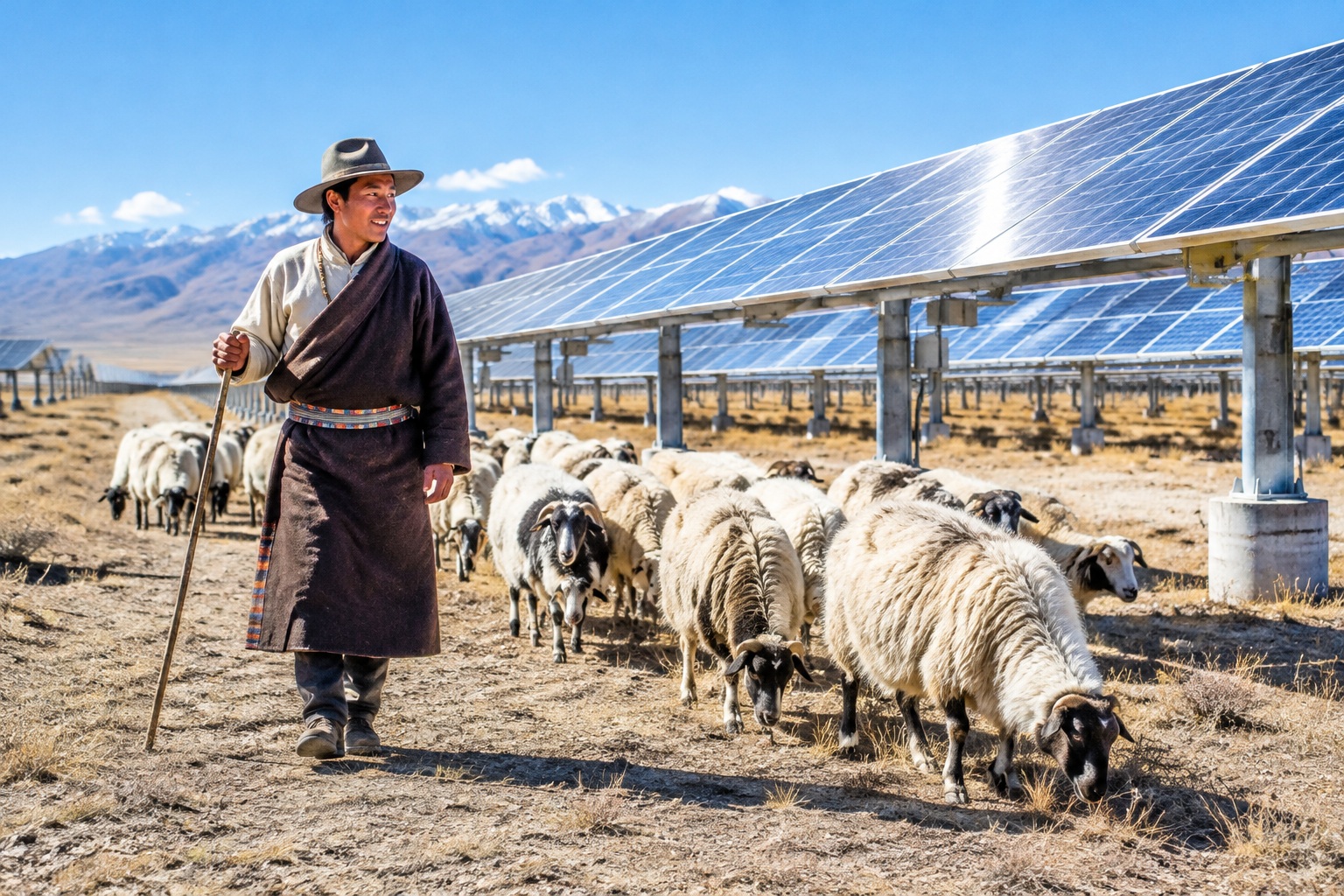 Sheep grazing under solar panels at the Talatan solar farm in Qinghai, China.