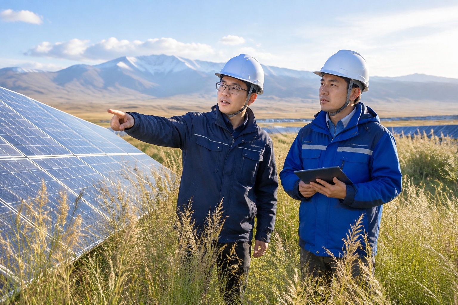 Engineers inspecting solar panels surrounded by tall grass at a desert solar farm in Qinghai.
