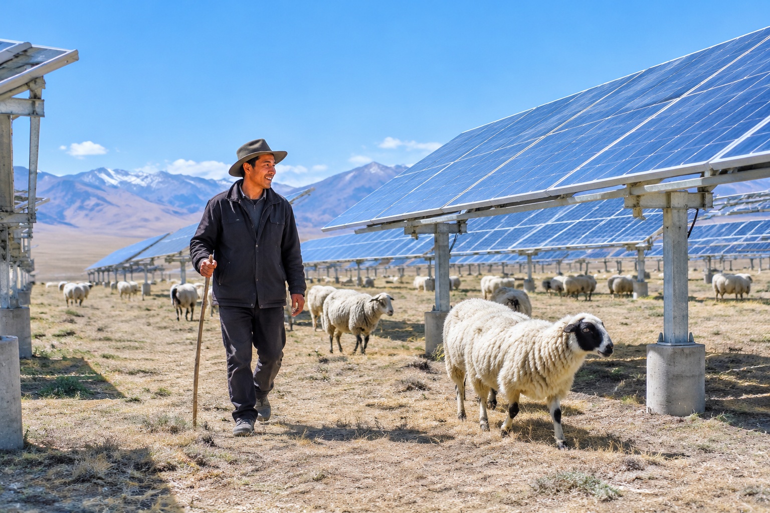 Raised solar panels with sheep walking freely underneath at the Talatan solar farm.