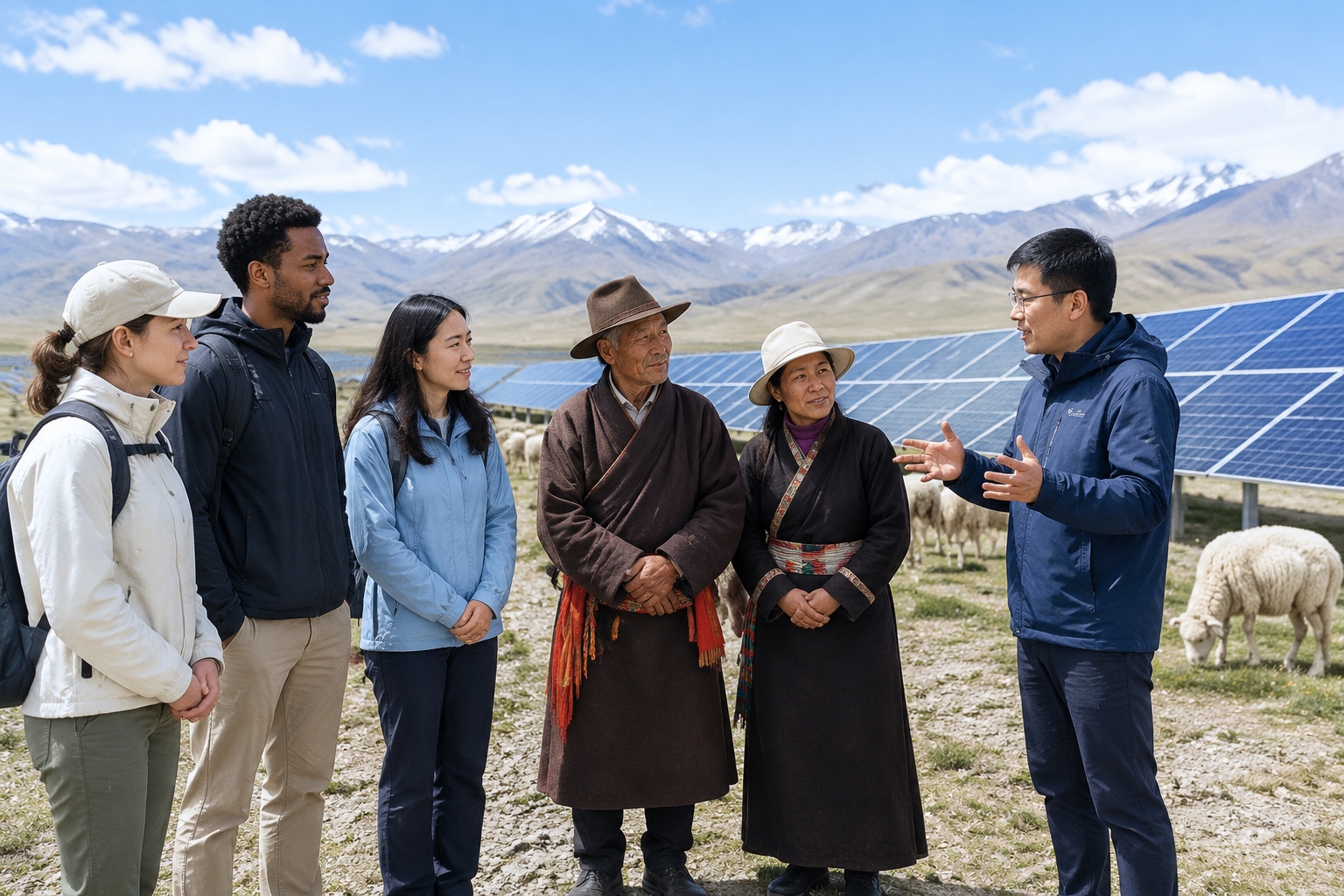 International visitors learning about the solar grazing model at Talatan in Qinghai, China.