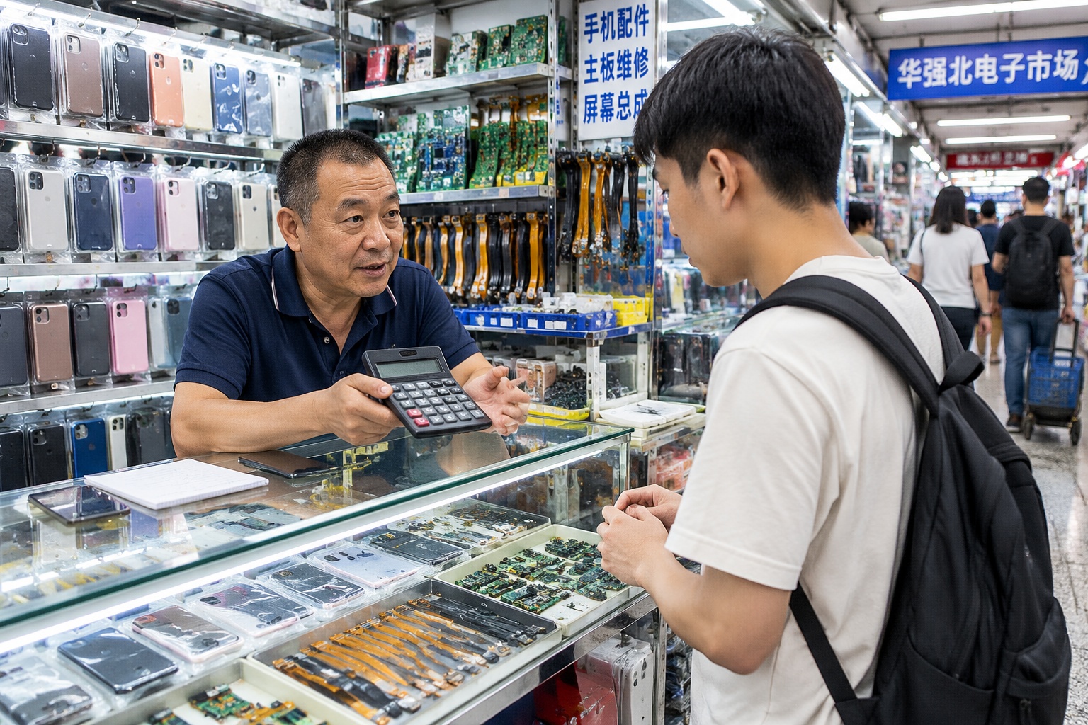 A vendor in Shenzhen's Huaqiangbei electronics market holding up a calculator to show a price to a customer, surrounded by shelves of phone parts and cables