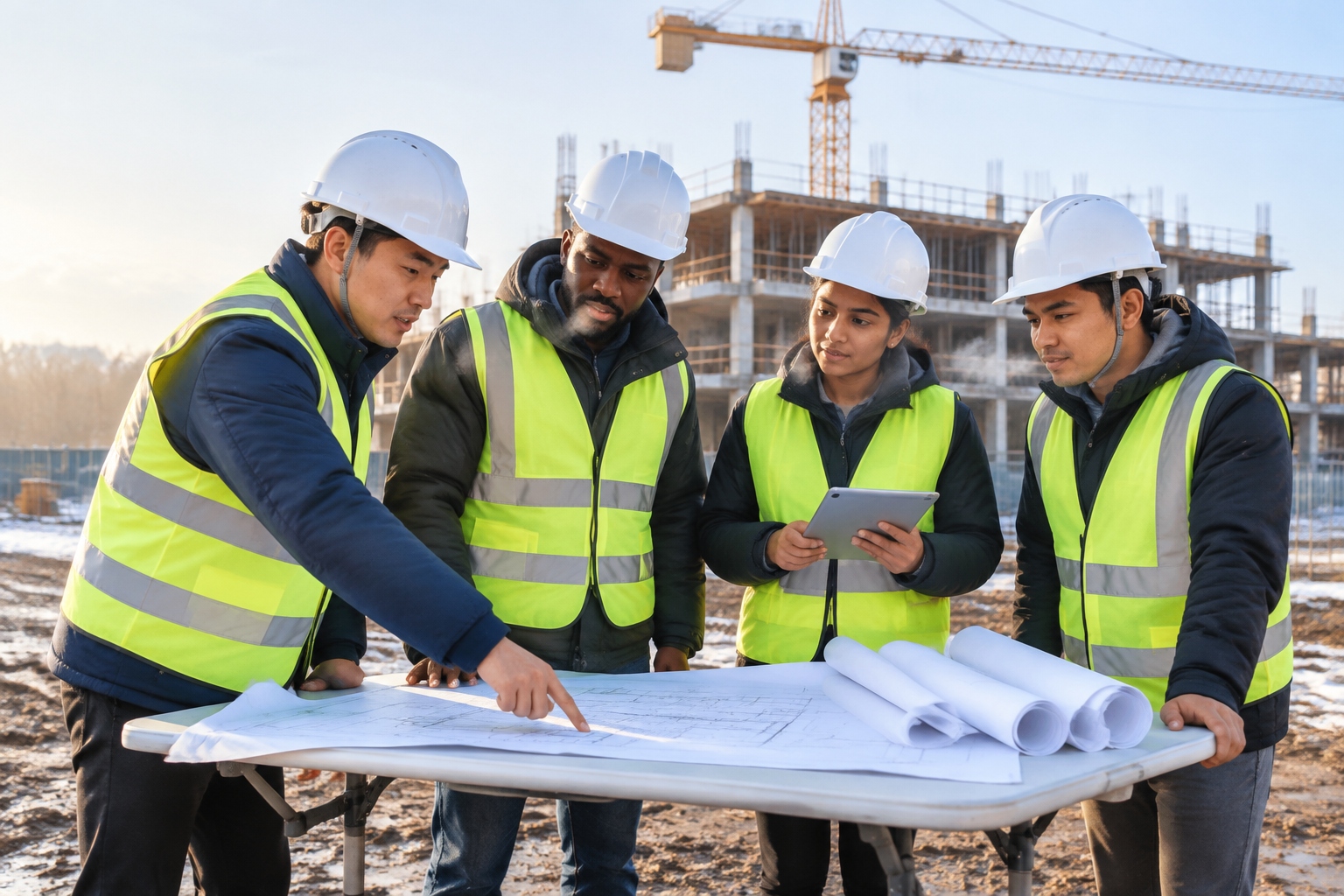 Engineers from China, Ethiopia, India and the Philippines gathered around building plans on a construction site in Europe in the early morning