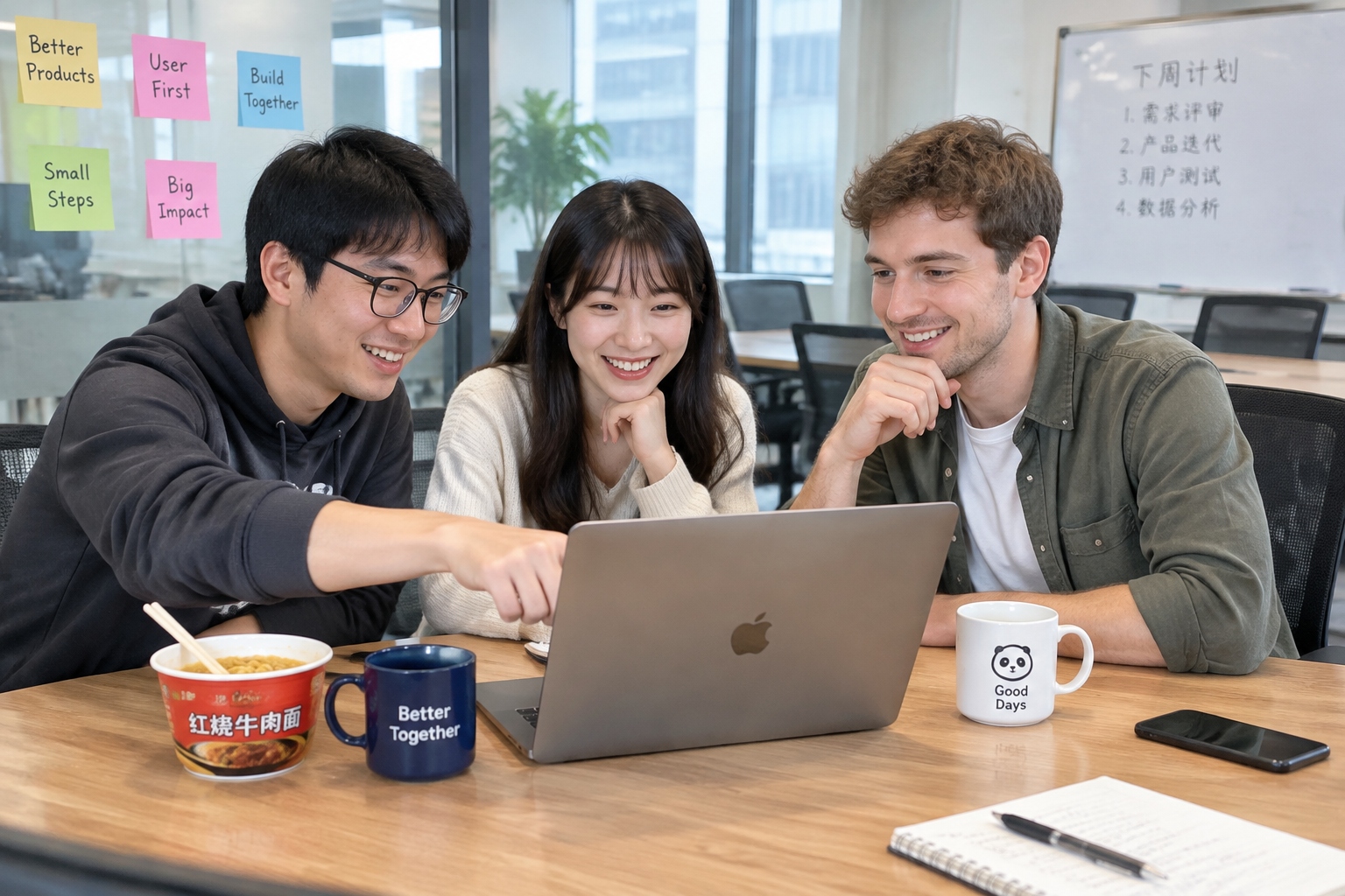 Young Chinese and international colleagues laughing together in a glass-walled office meeting room in China, with a laptop and sticky notes on the glass wall