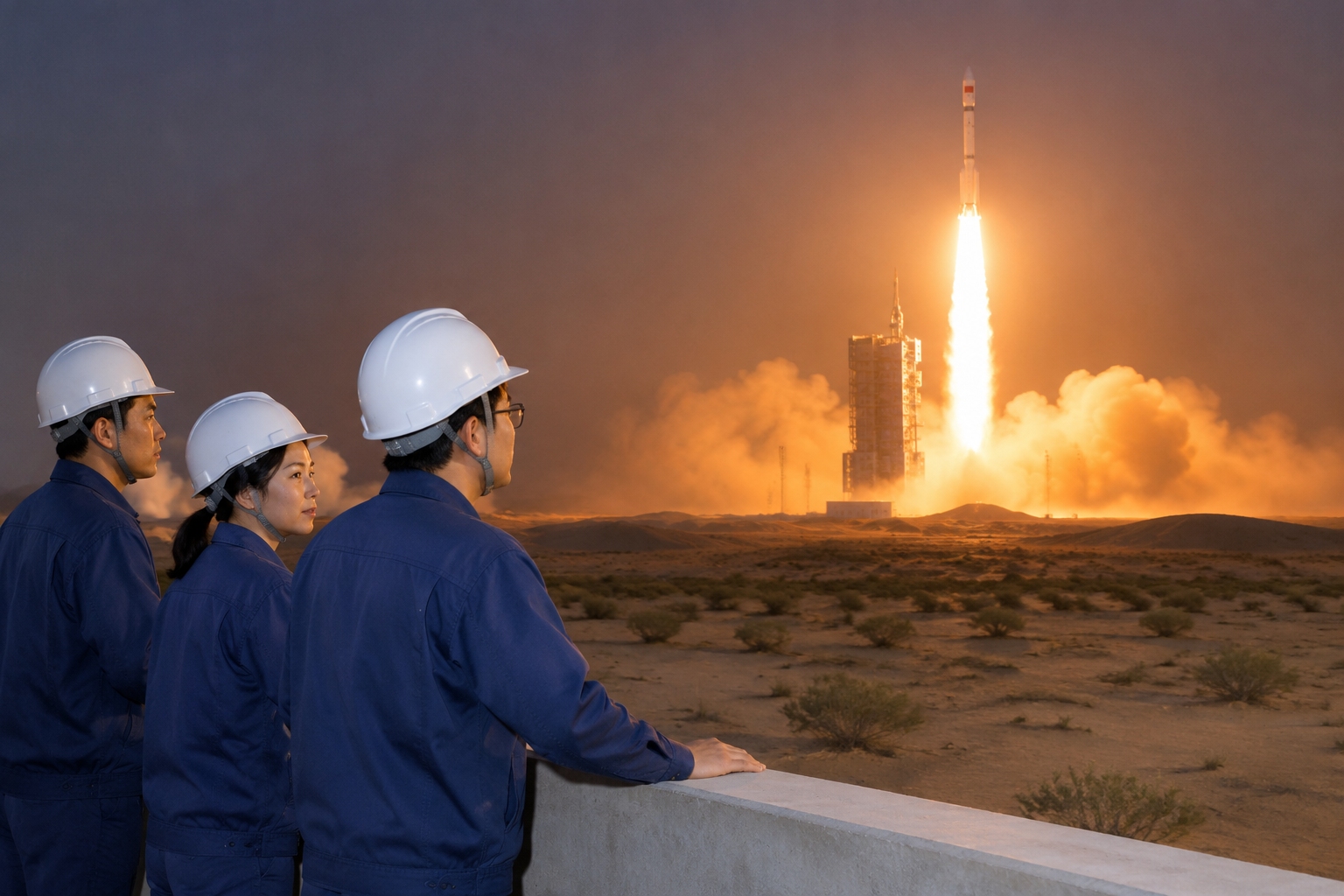 Night launch of the Micius satellite on a Long March rocket from the Gobi Desert in China, engineers watching from behind a concrete barrier