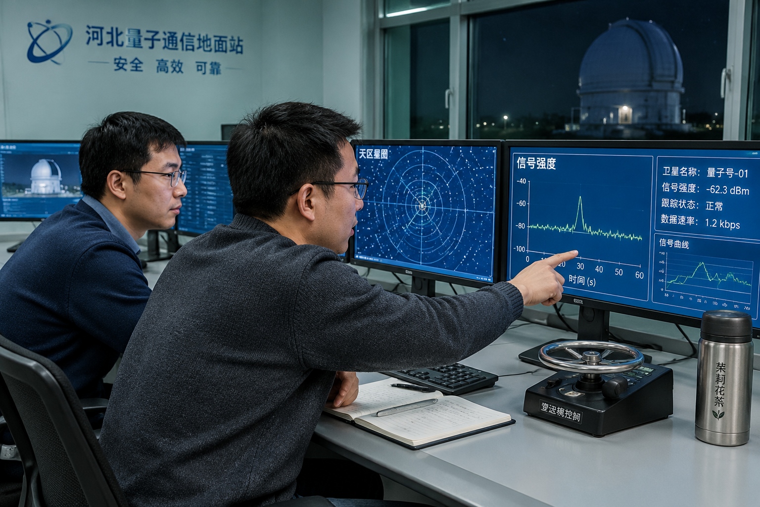 Engineers monitoring satellite pass data and signal curves inside a quantum communication ground station control room in China at night