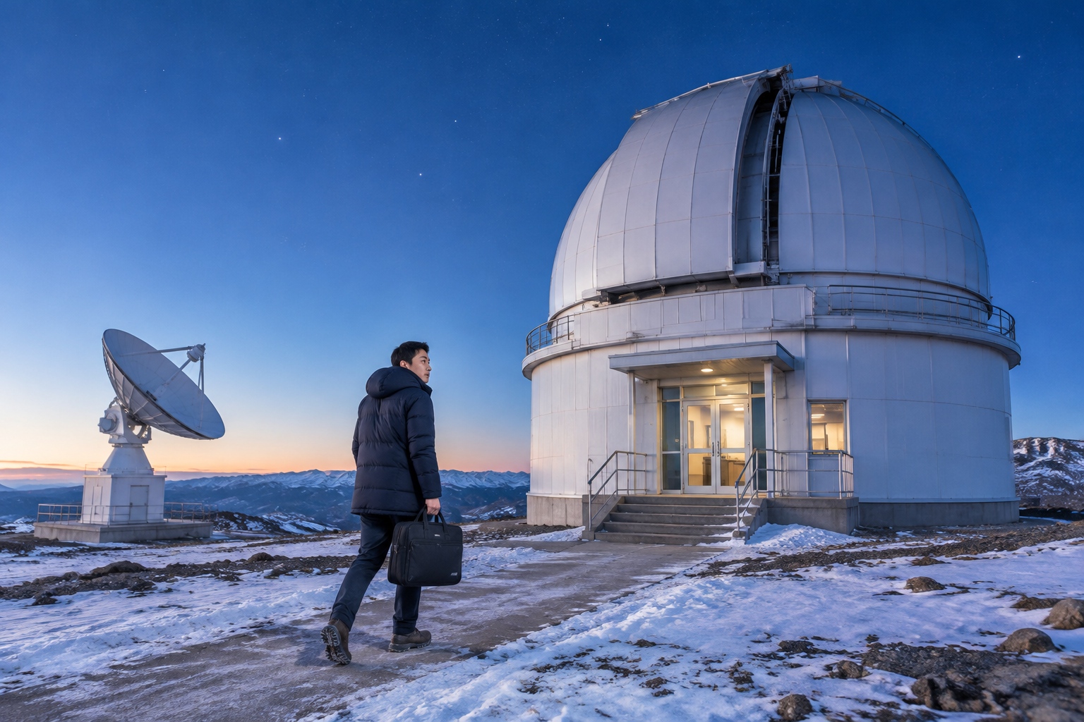 Optical telescope dome at a high-altitude quantum ground station in western China at dusk, technician walking toward the entrance