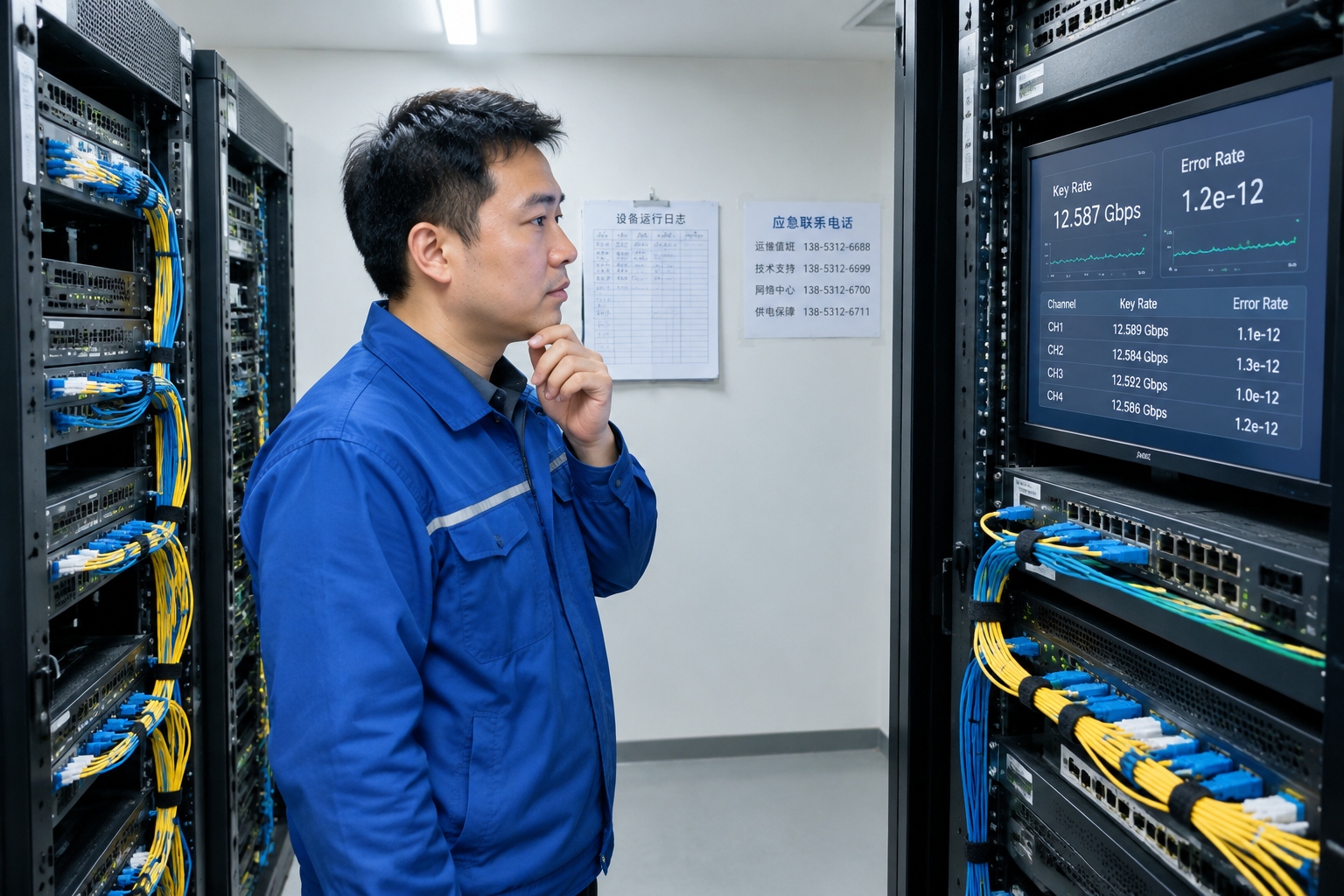A technician in a blue jacket checks monitoring screens inside a windowless quantum communication relay station equipment room in Jinan, China, surrounded by black racks and fiber patch cords.