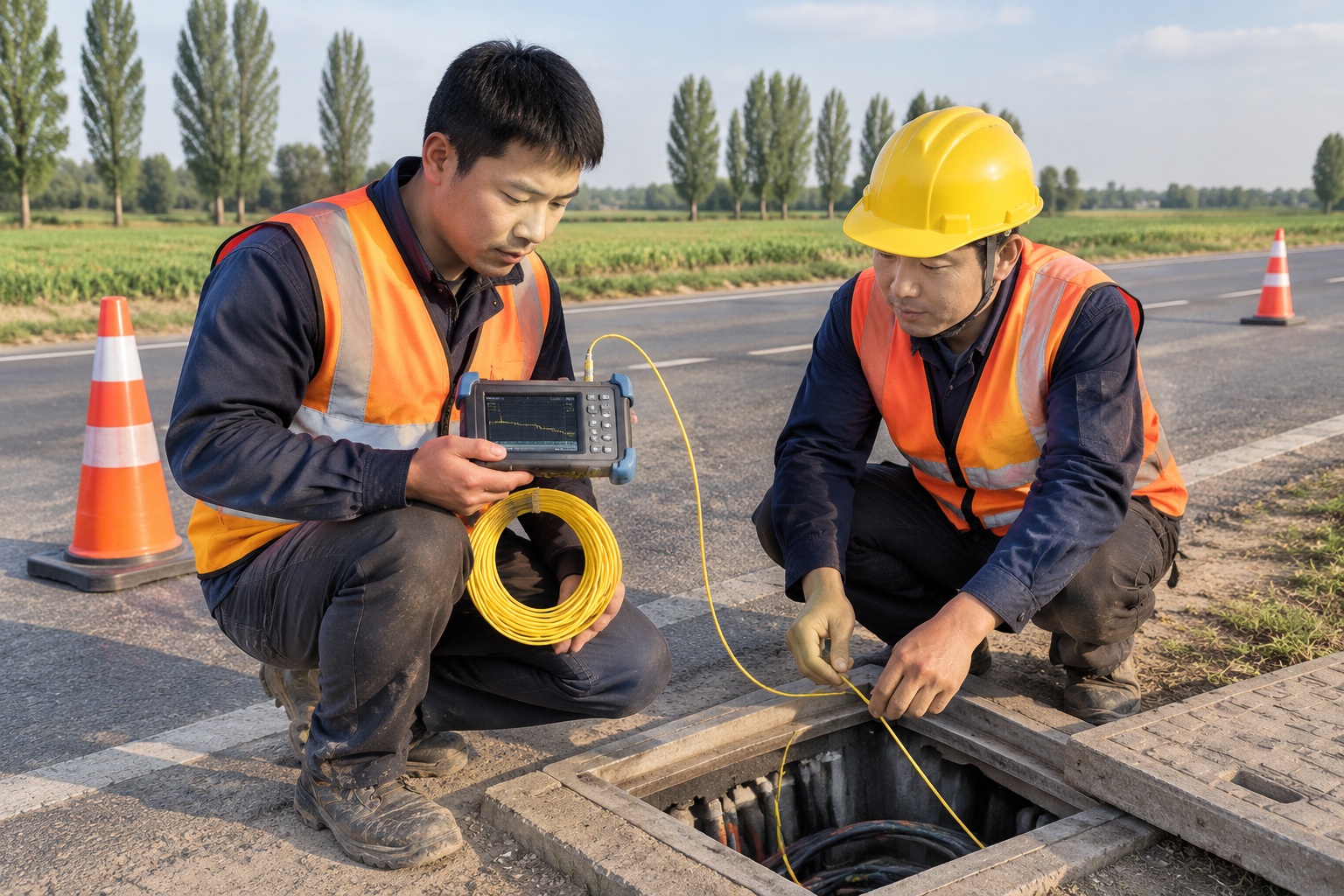 Two fiber maintenance workers in hi-vis vests test a roadside optical cable duct with an OTDR instrument on a rural highway in Shandong, China, with farmland in the background.