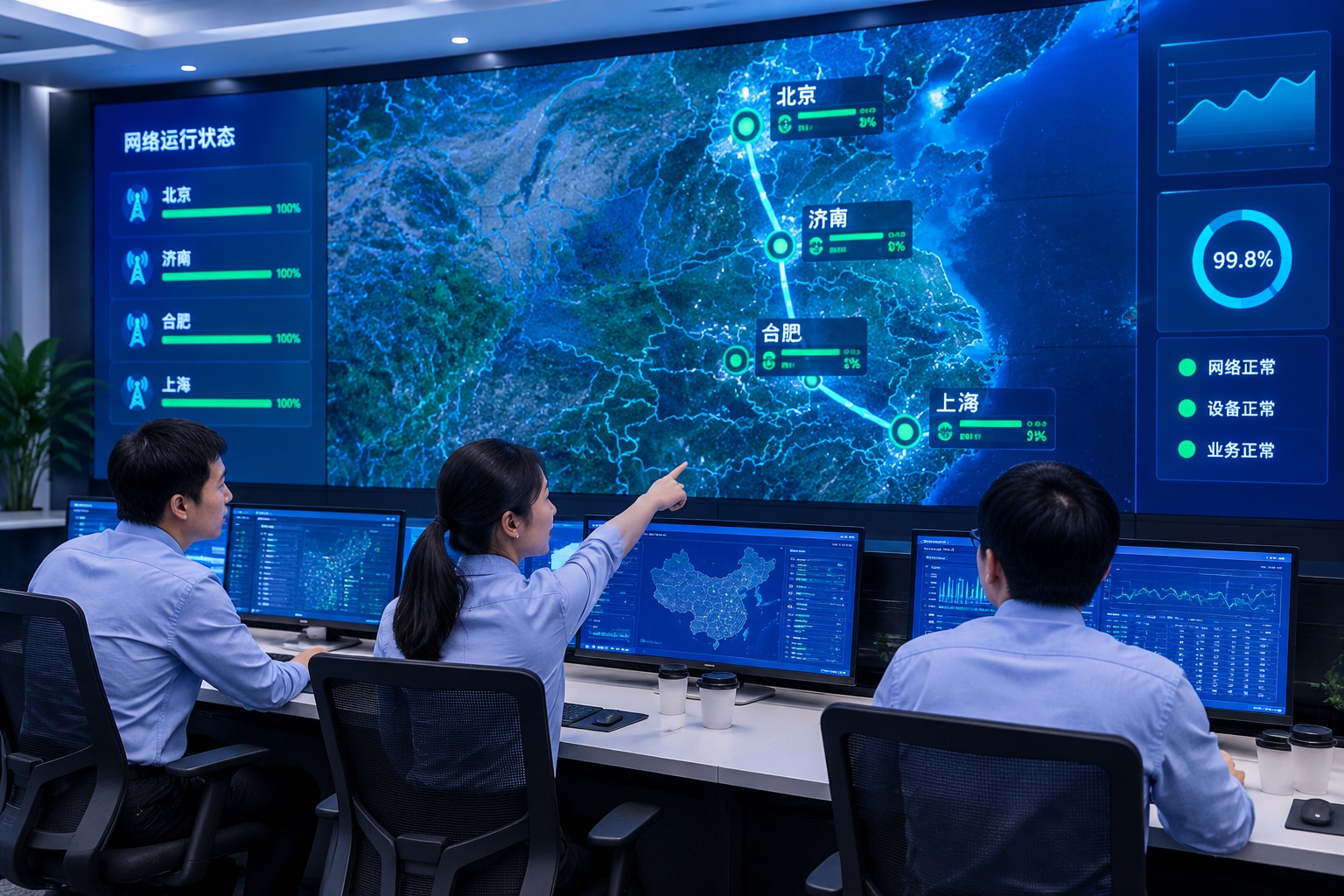 Operators monitor a wall screen showing the Beijing-Shanghai quantum network route at a network operations center in Hefei, China, at night.