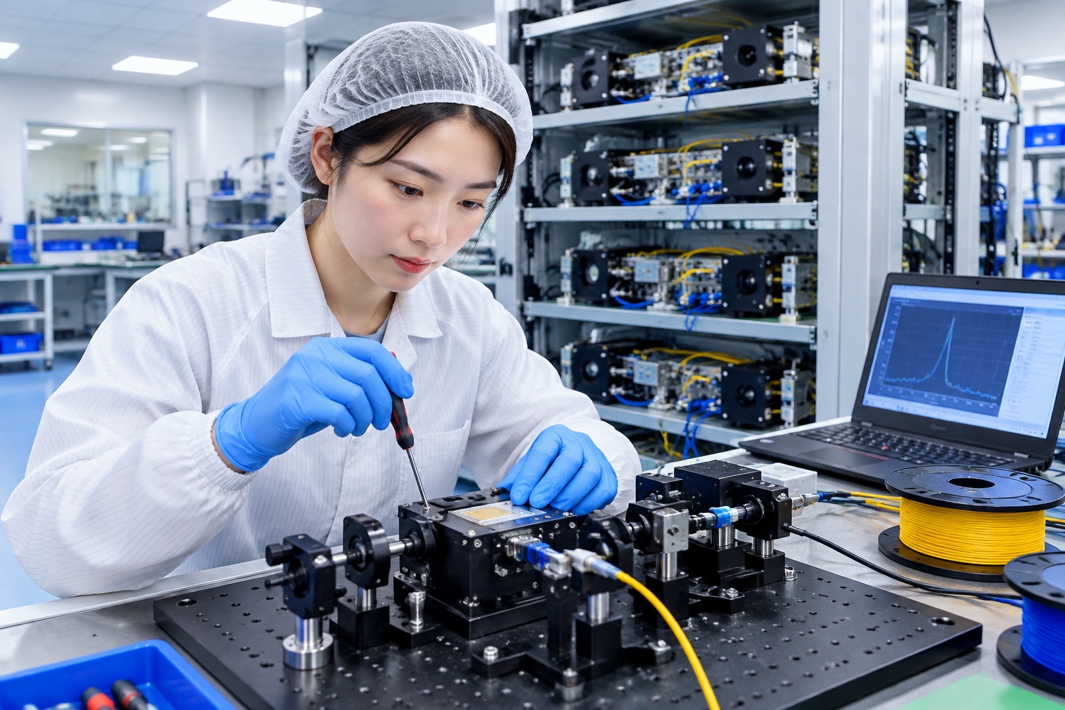 A technician in a white anti-static coat assembles an optical module for quantum key distribution equipment in a workshop in Hefei, China.