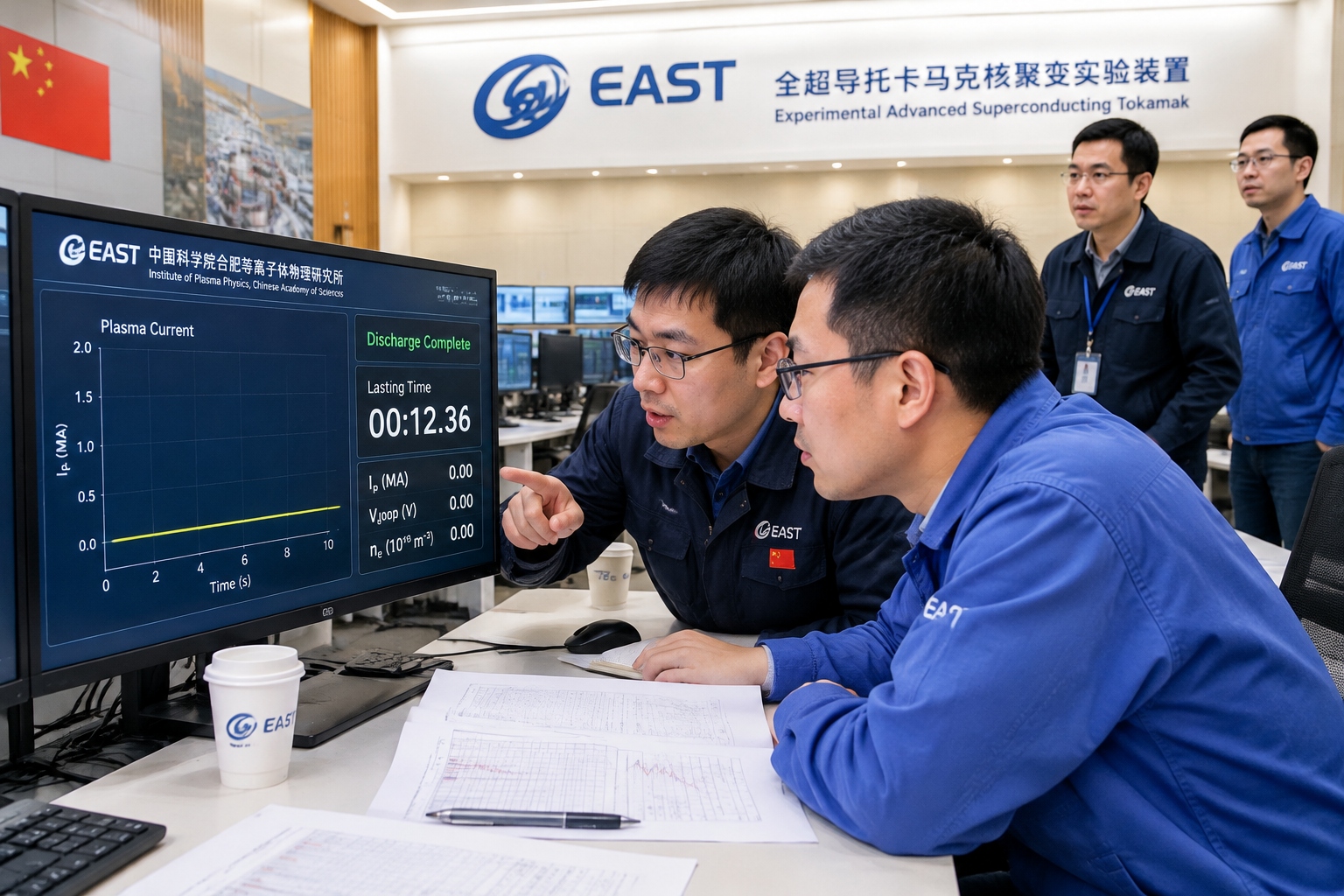 Engineers in the EAST tokamak control room in Hefei, China, watching plasma data on monitors as a long discharge ends