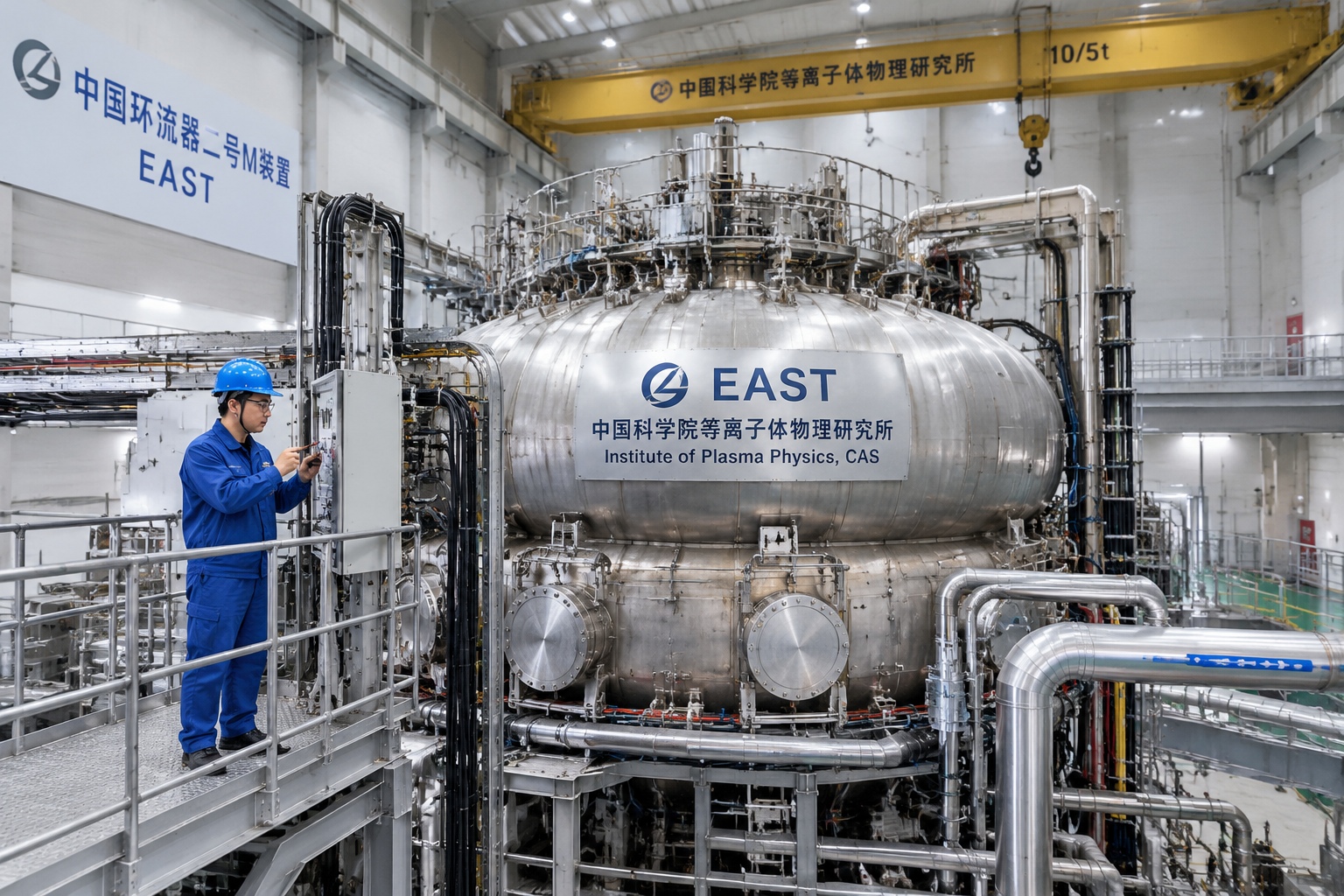 The doughnut-shaped EAST tokamak vacuum vessel inside its hall in Hefei, China, with a technician in blue coveralls on a platform