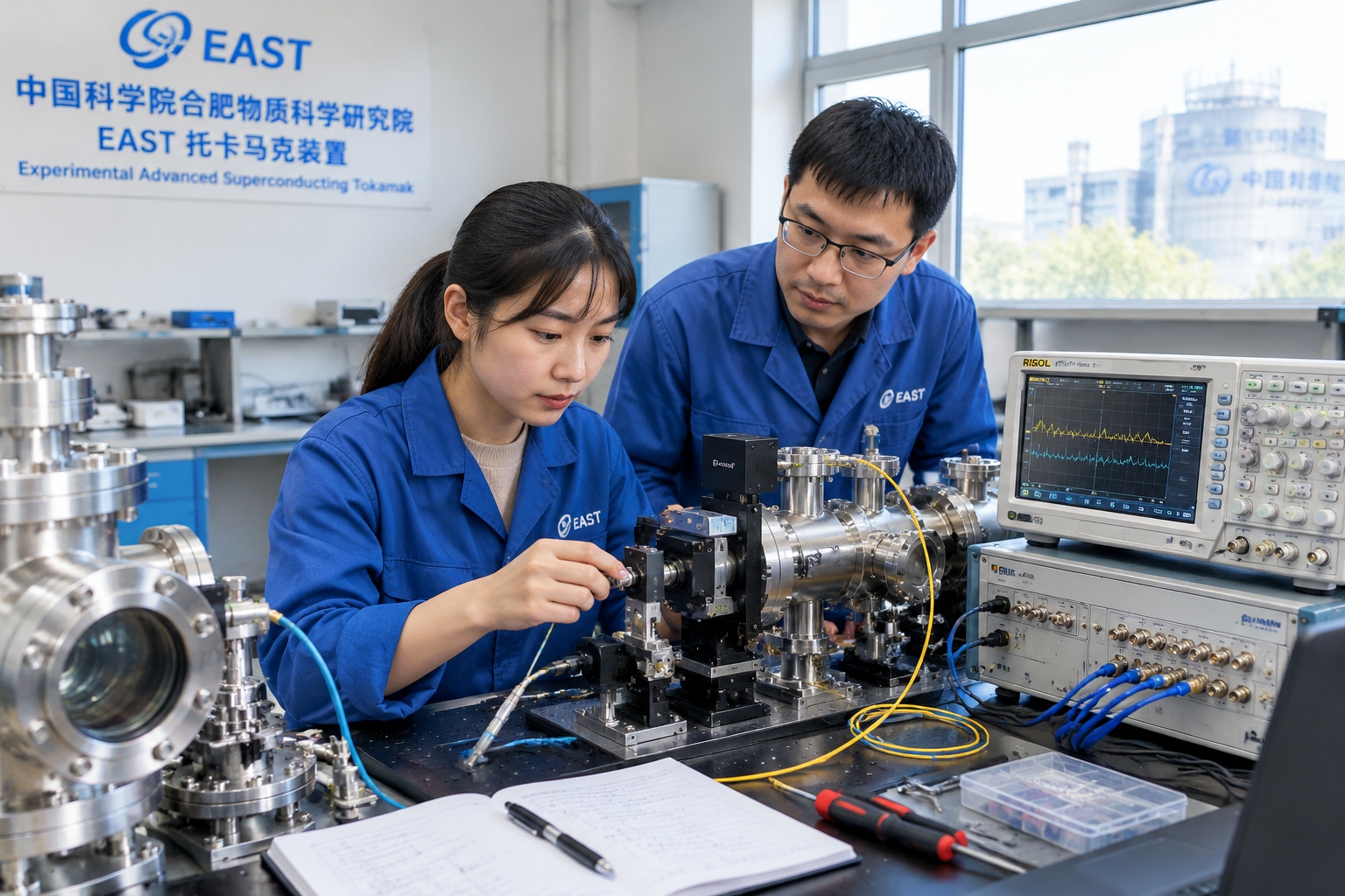 Researchers adjusting plasma diagnostic equipment in a workshop next to the EAST tokamak in Hefei, China