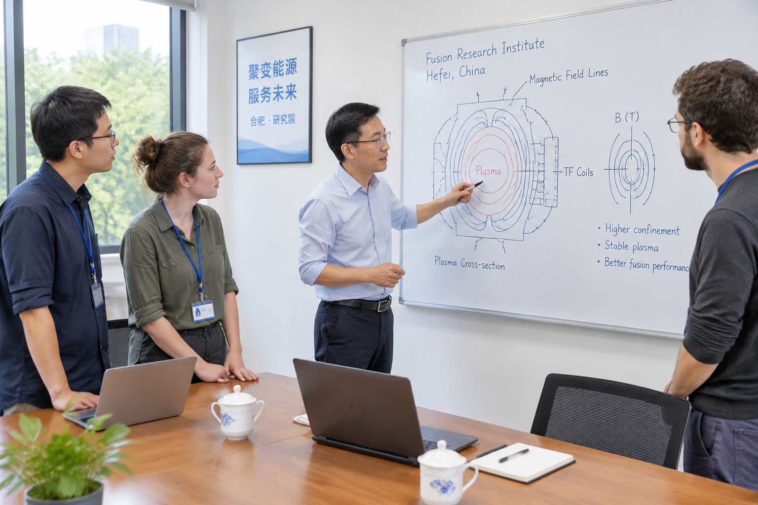 Chinese and international researchers discussing a plasma cross-section sketch on a whiteboard at a fusion institute in Hefei, China