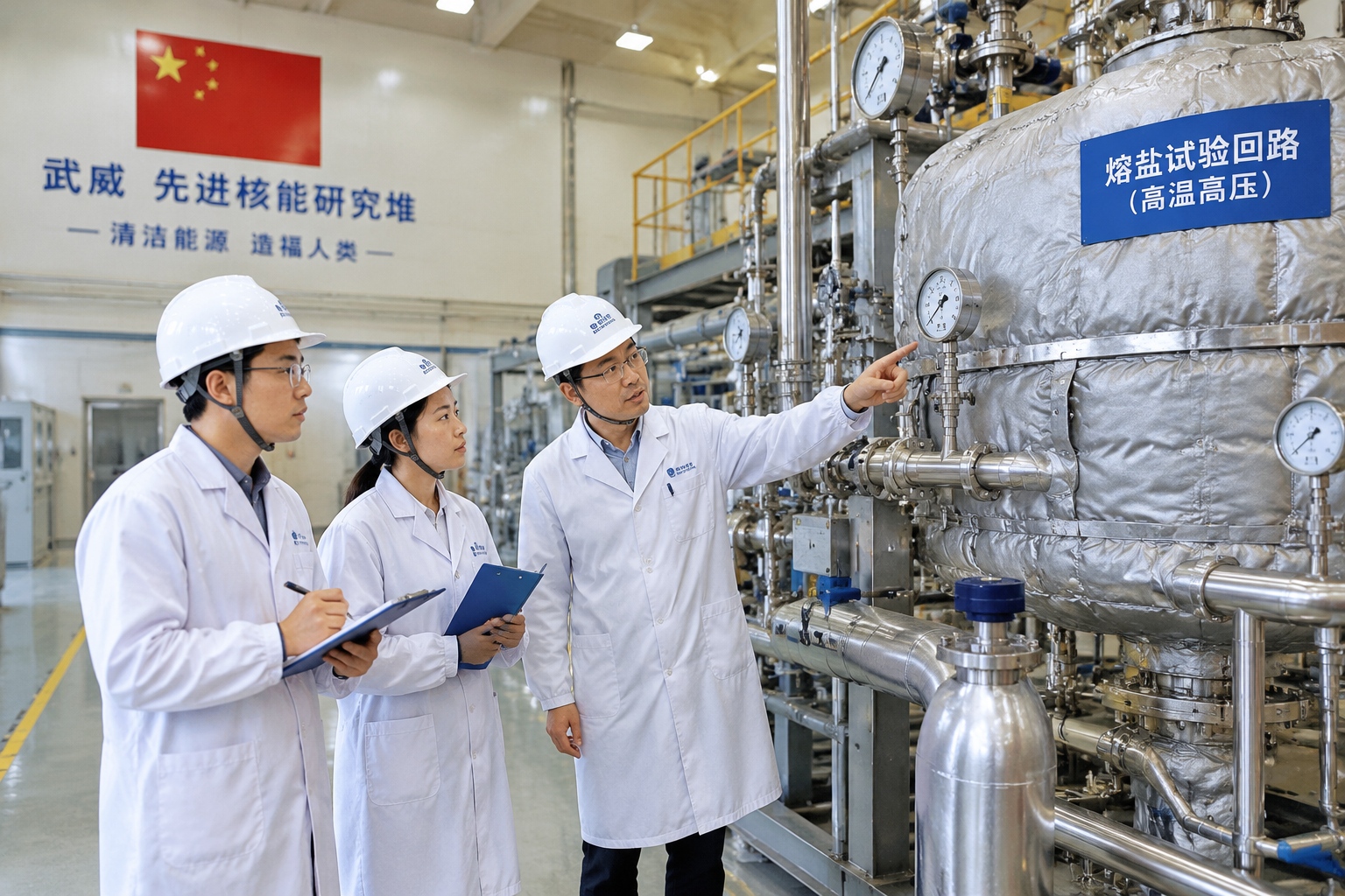 Chinese engineers in blue coveralls inspect a molten-salt test loop inside a research reactor hall in Wuwei, Gansu, China.