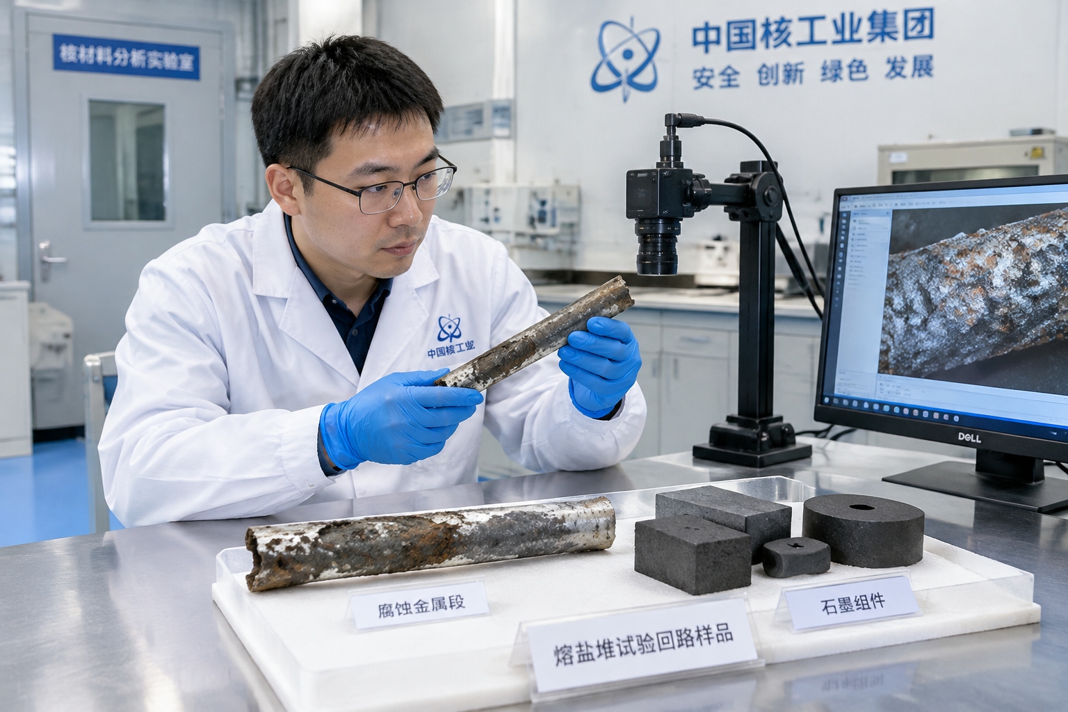 A technician in China examines a corroded metal section from a molten-salt reactor test loop in a laboratory.