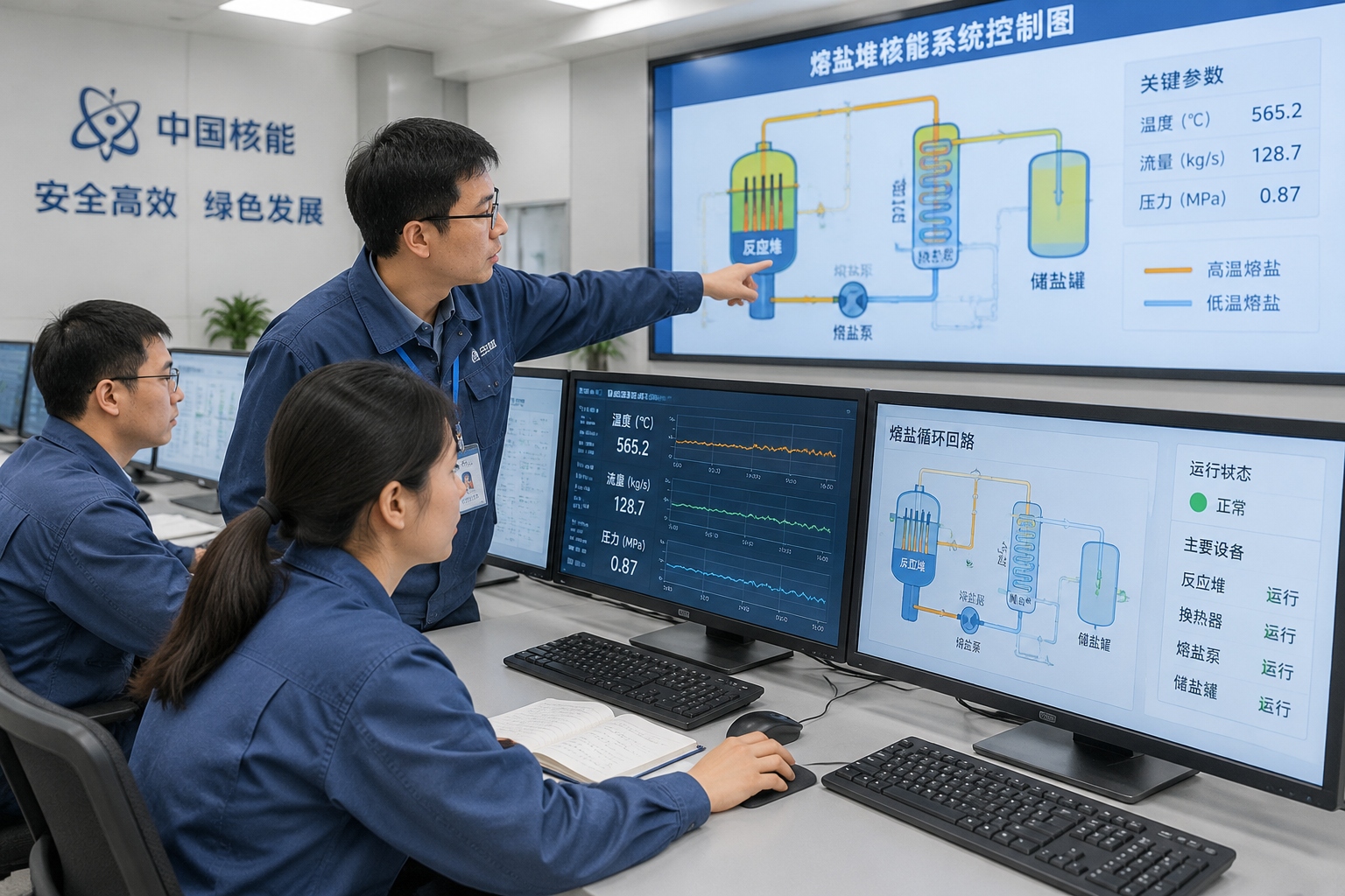 Operators monitor temperature and flow data on screens in the control room of China’s experimental thorium molten-salt reactor.