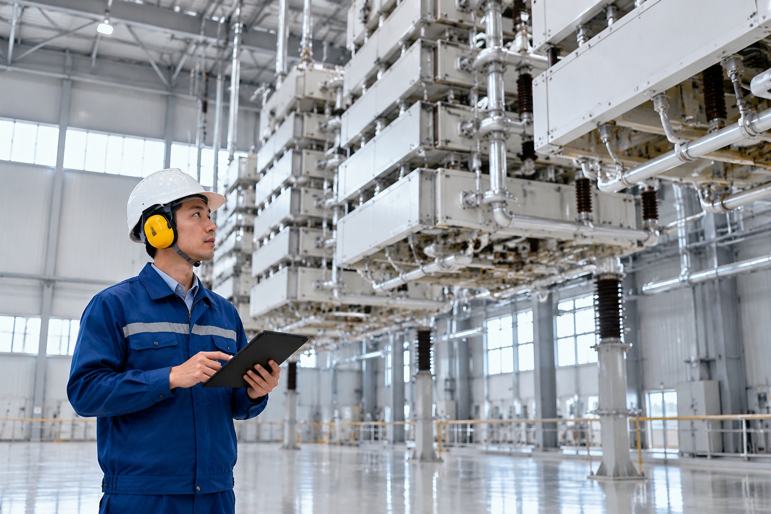 Rows of white converter valve modules suspended inside a UHVDC valve hall in China, with an engineer inspecting equipment