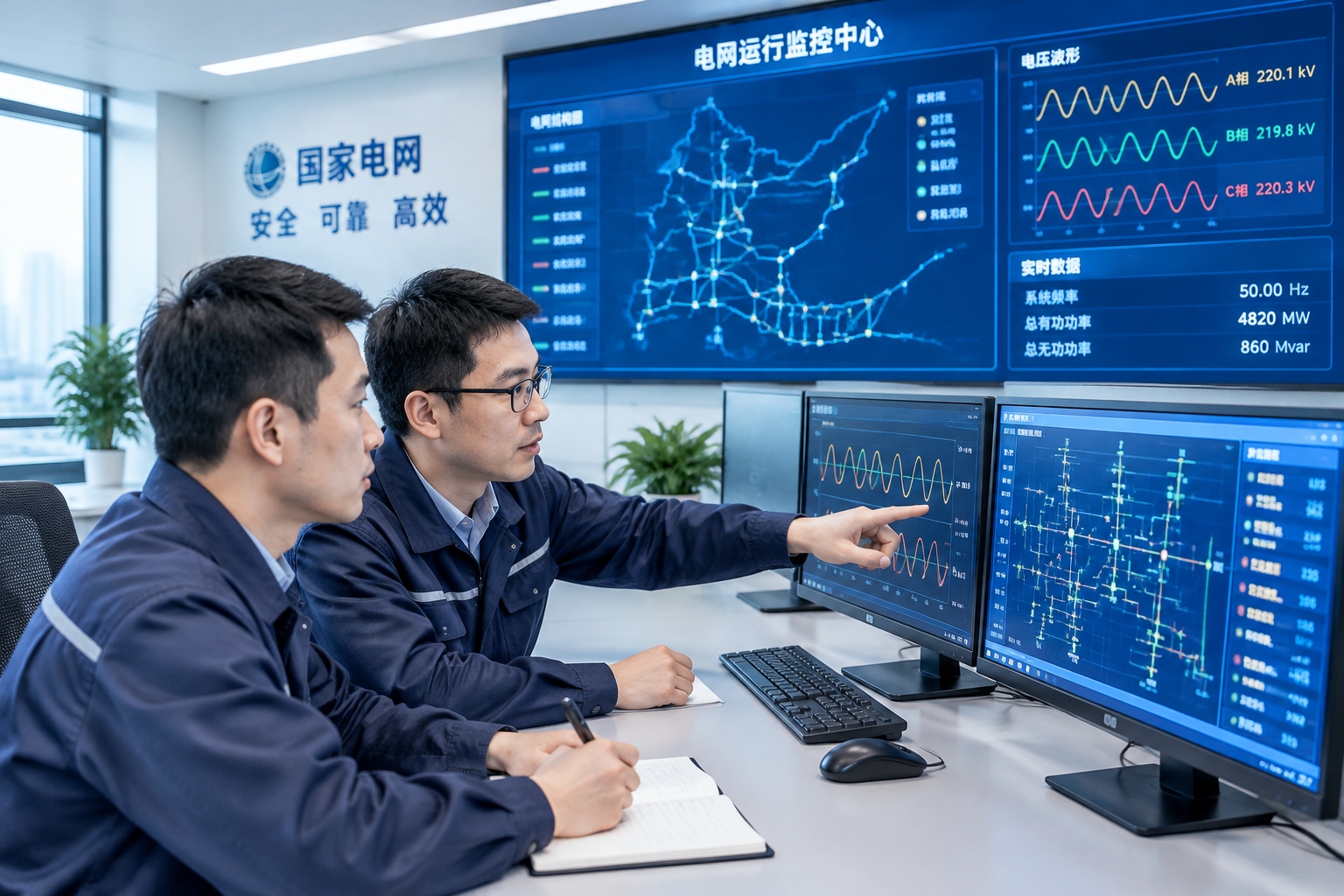 Grid control room operators in China monitoring voltage waveforms on large screens at a UHVDC converter station