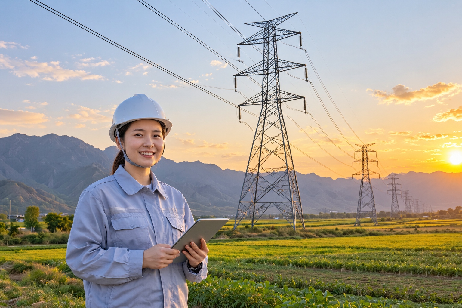 UHVDC transmission towers carrying thick cables across farmland and distant mountains in western China at golden hour