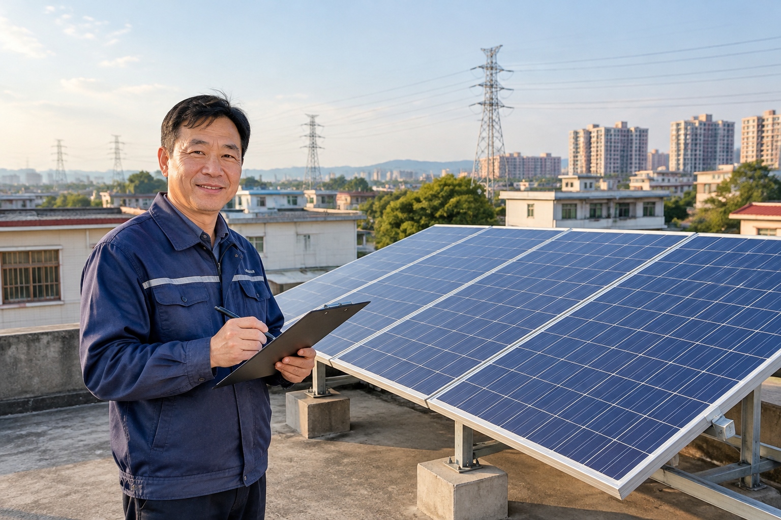 Tianquan: China’s Homegrown Power-System Solver 24 Rooftop solar panels on a low-rise building with transmission towers in the background.