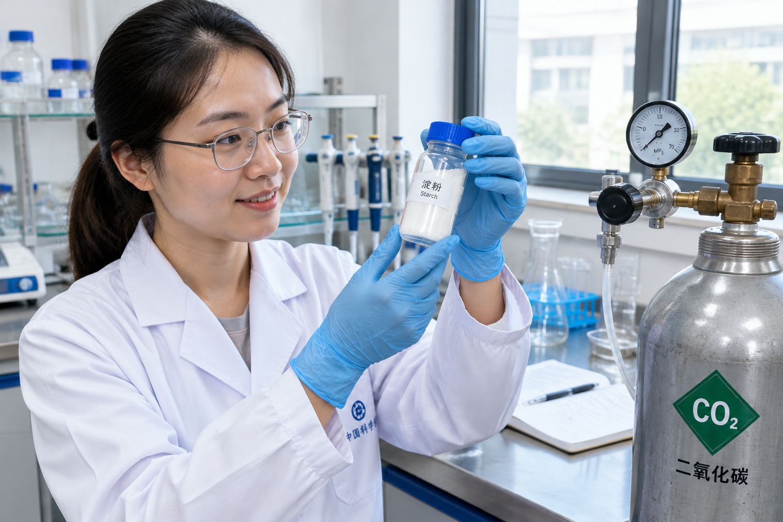 Turning CO2 Into Starch: Inside the Artificial Pathway 22 Gloved hands holding a small vial of white starch powder beside a steel carbon dioxide cylinder in a Chinese research laboratory