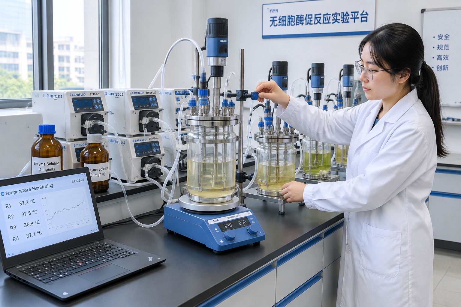 Turning CO2 Into Starch: Inside the Artificial Pathway 23 Glass reactors, tubing and peristaltic pumps forming an enzyme reaction system on a laboratory bench in China