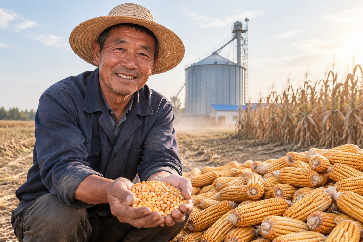 Turning CO2 Into Starch: Inside the Artificial Pathway 25 A farmer holding harvested corn kernels in front of a grain silo and a cornfield in eastern China