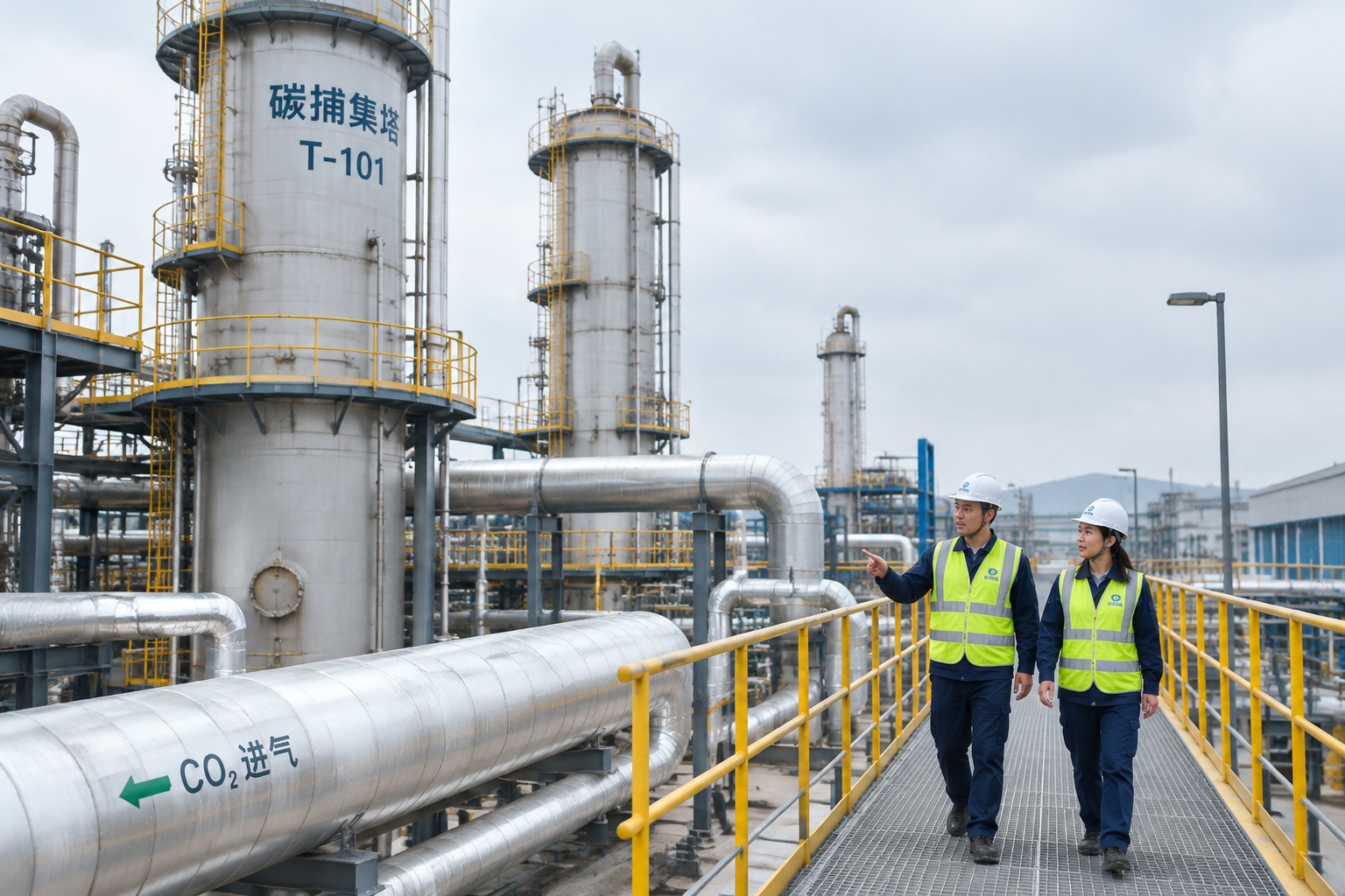 Turning CO2 Into Starch: Inside the Artificial Pathway 24 Workers in hard hats walking past carbon capture absorption columns and pipes at an industrial plant in China