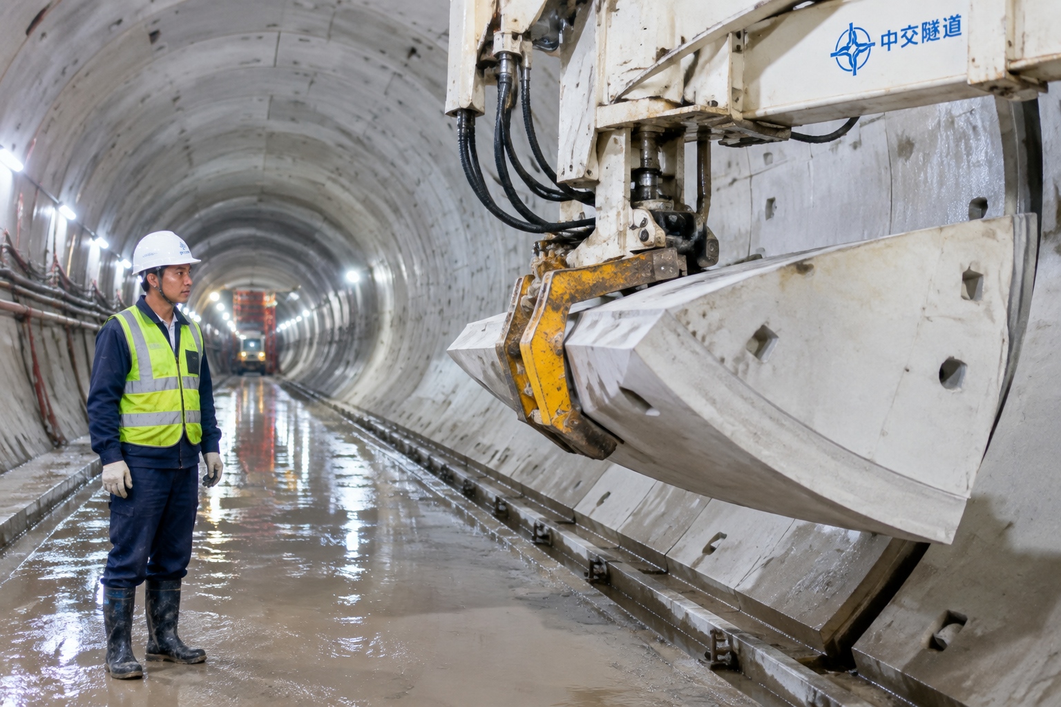 Freshly assembled concrete lining segments inside a shield-bored tunnel, with the segment erector arm positioning the next block