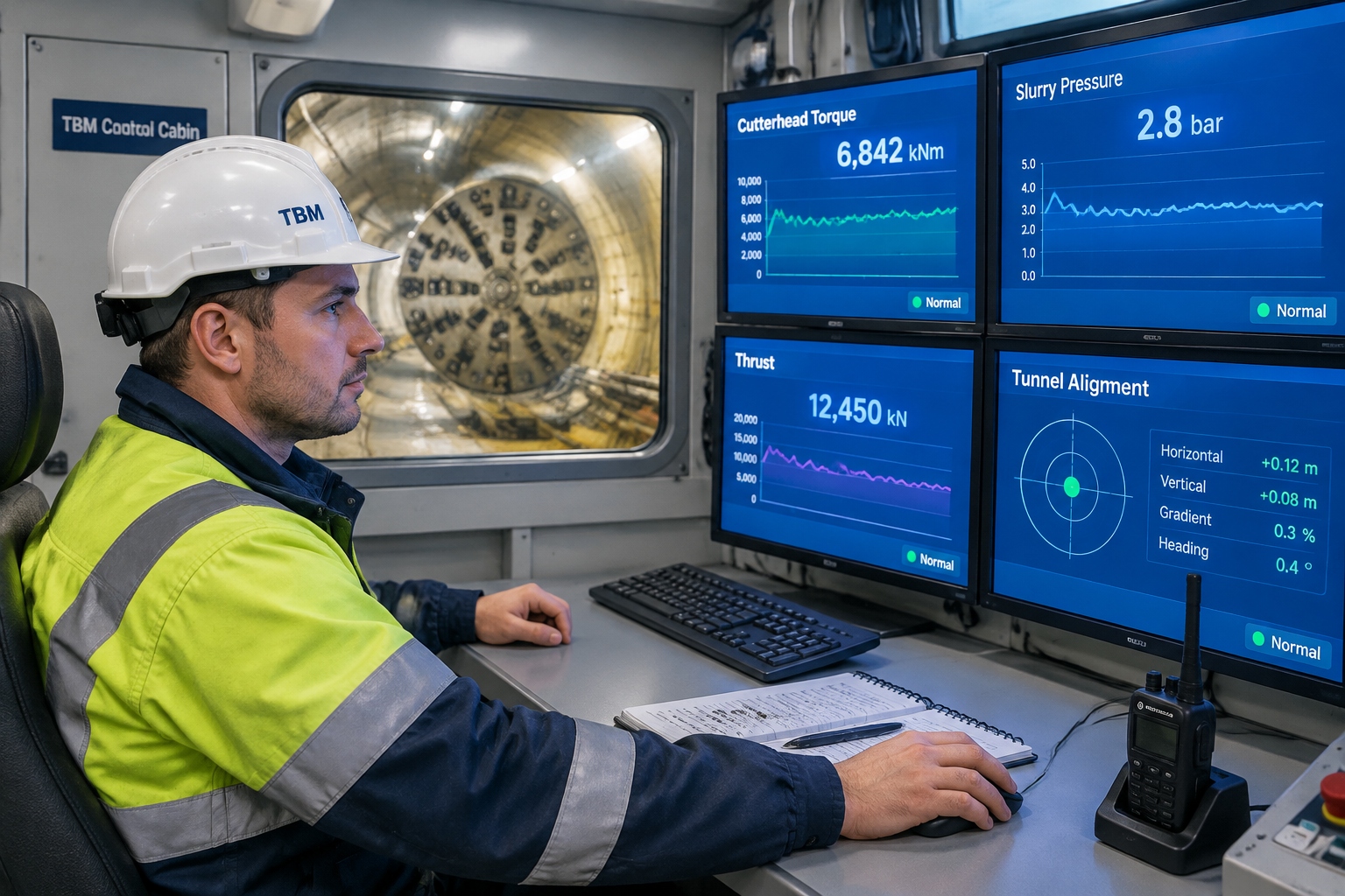 A tunnel boring machine operator monitoring cutterhead torque, slurry pressure and alignment on screens inside the control cabin