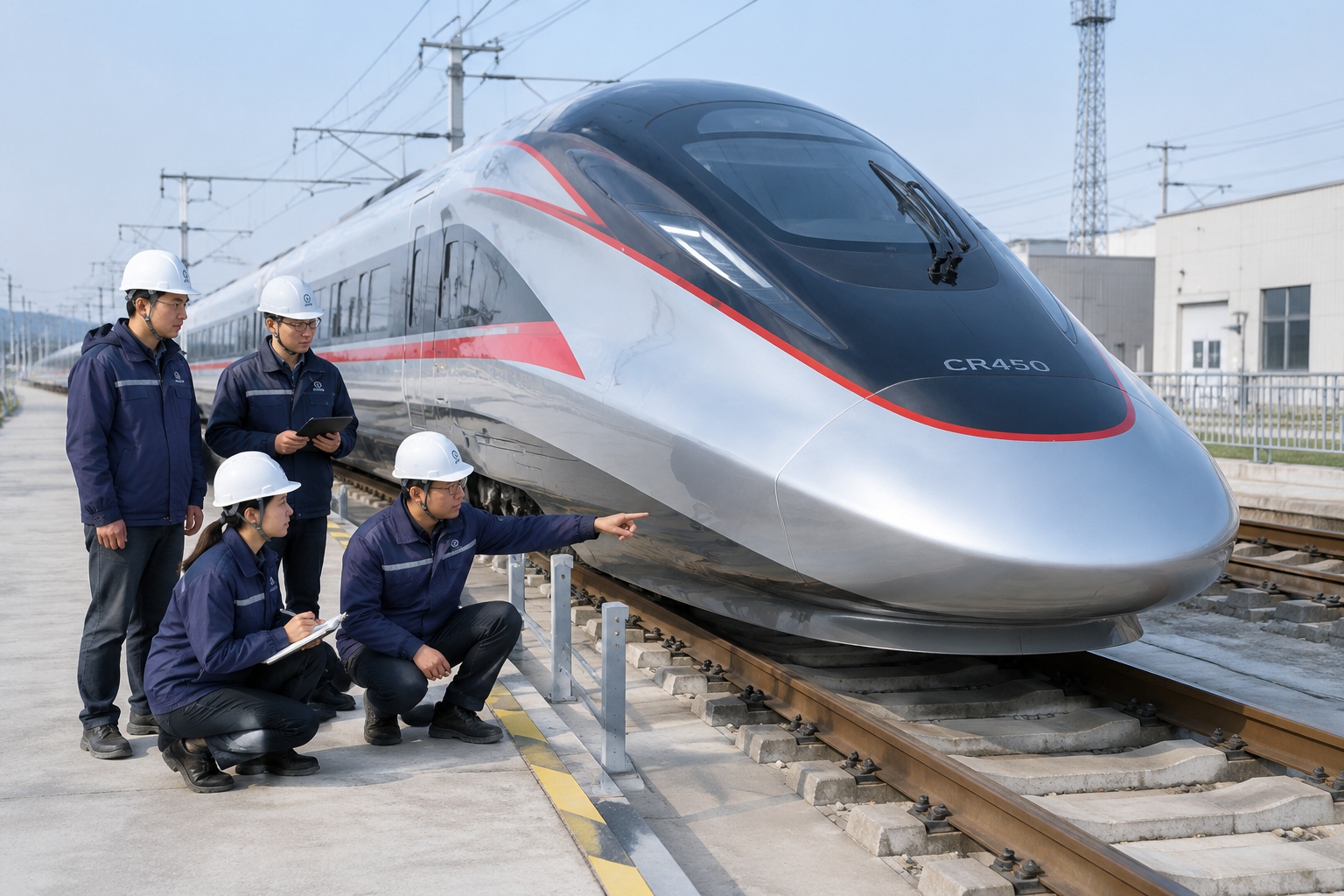 Illustration of engineers examining a CR450 prototype beside a railway testing track in China.