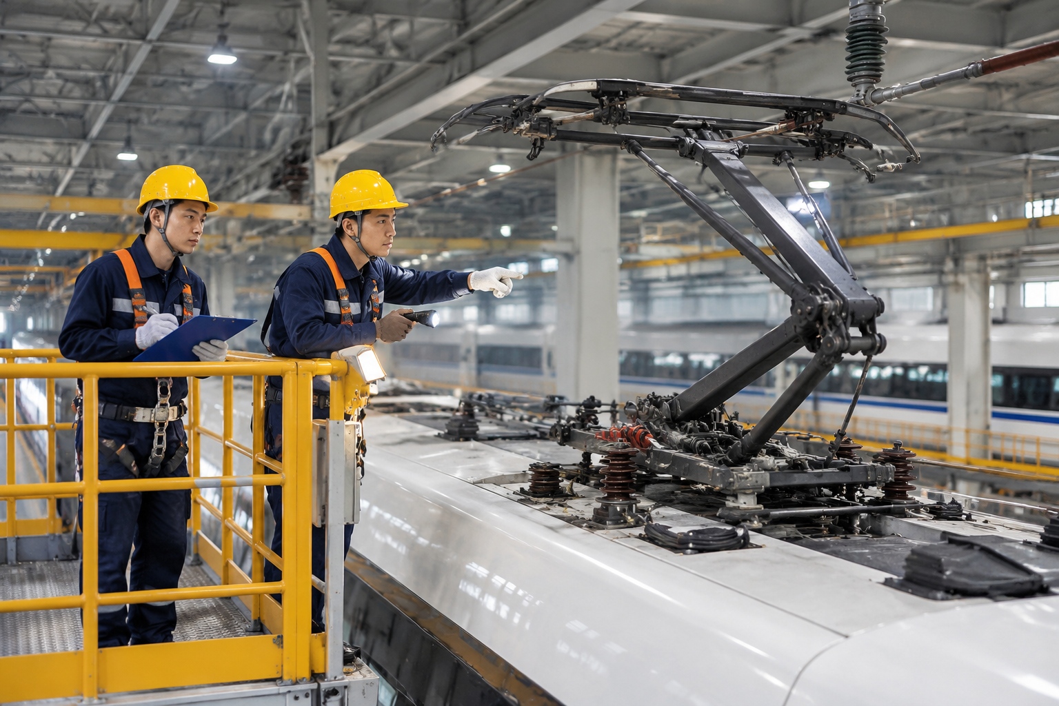Illustration of railway technicians inspecting a high-speed train pantograph from a protected maintenance platform.