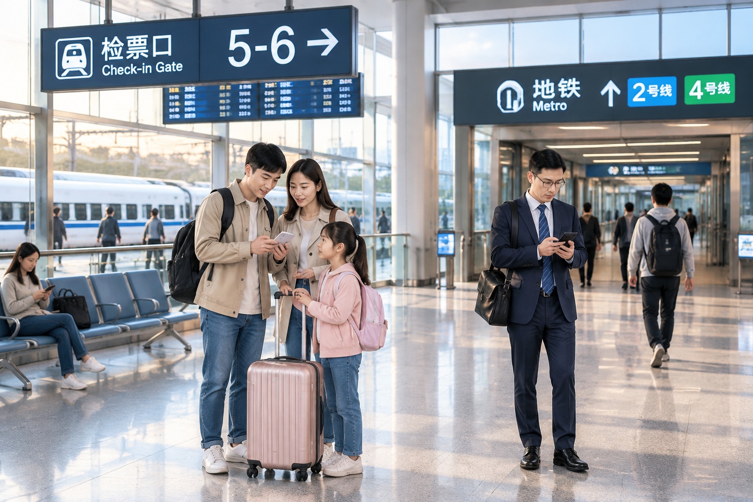 Illustration of passengers checking journey information near departure gates and metro connections at a Chinese railway station.