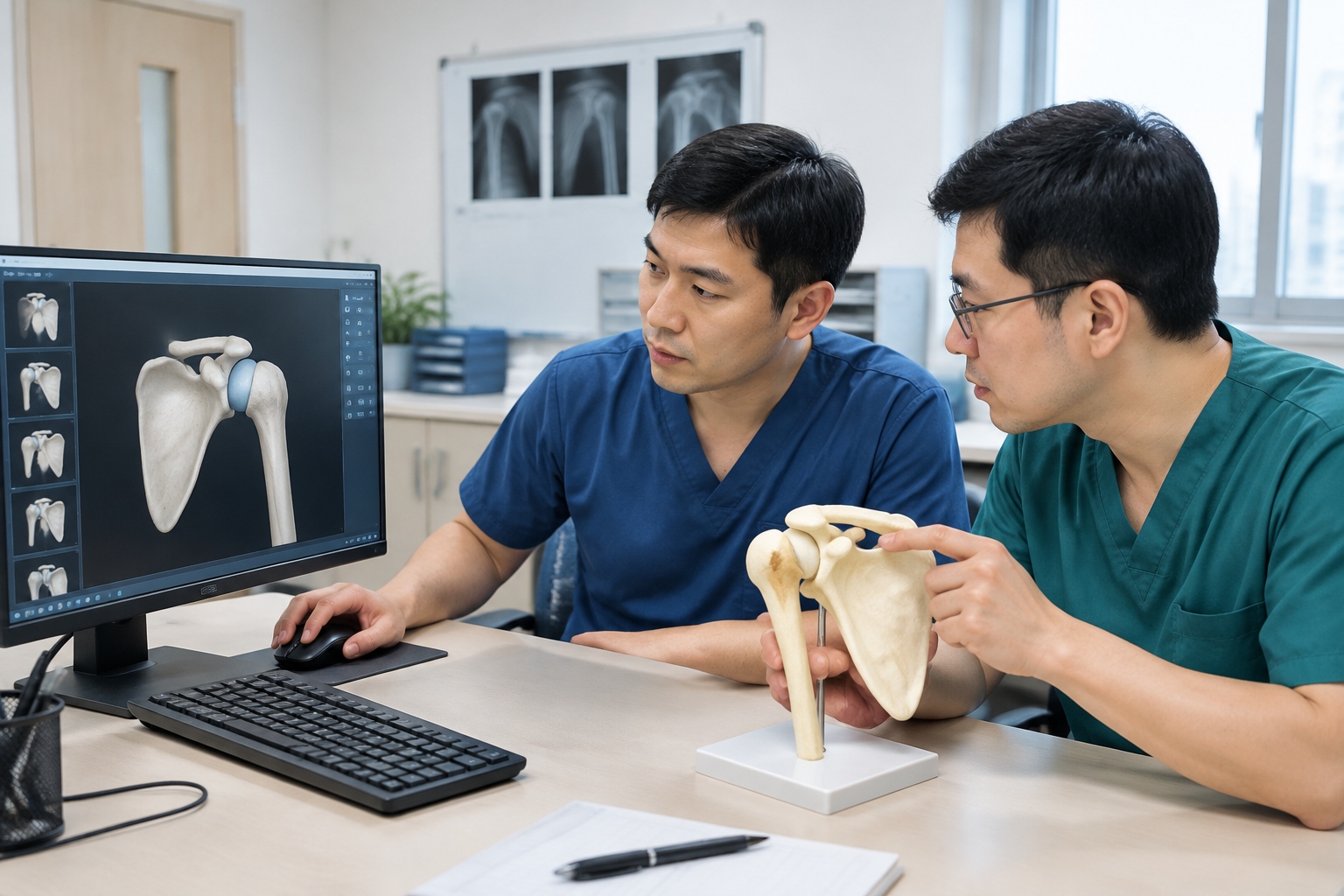 Two orthopedic doctors in China review a shoulder model while planning robot-assisted shoulder replacement.