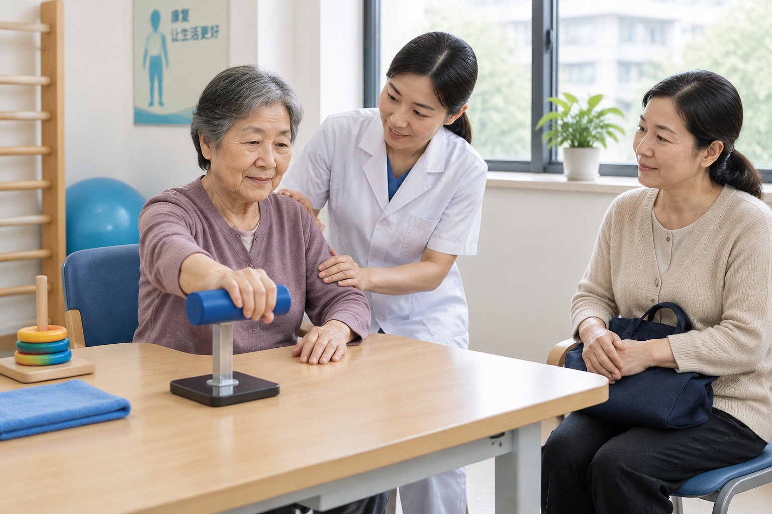A physiotherapist supervises an older patient’s supported arm movement during shoulder rehabilitation in a Chinese hospital.