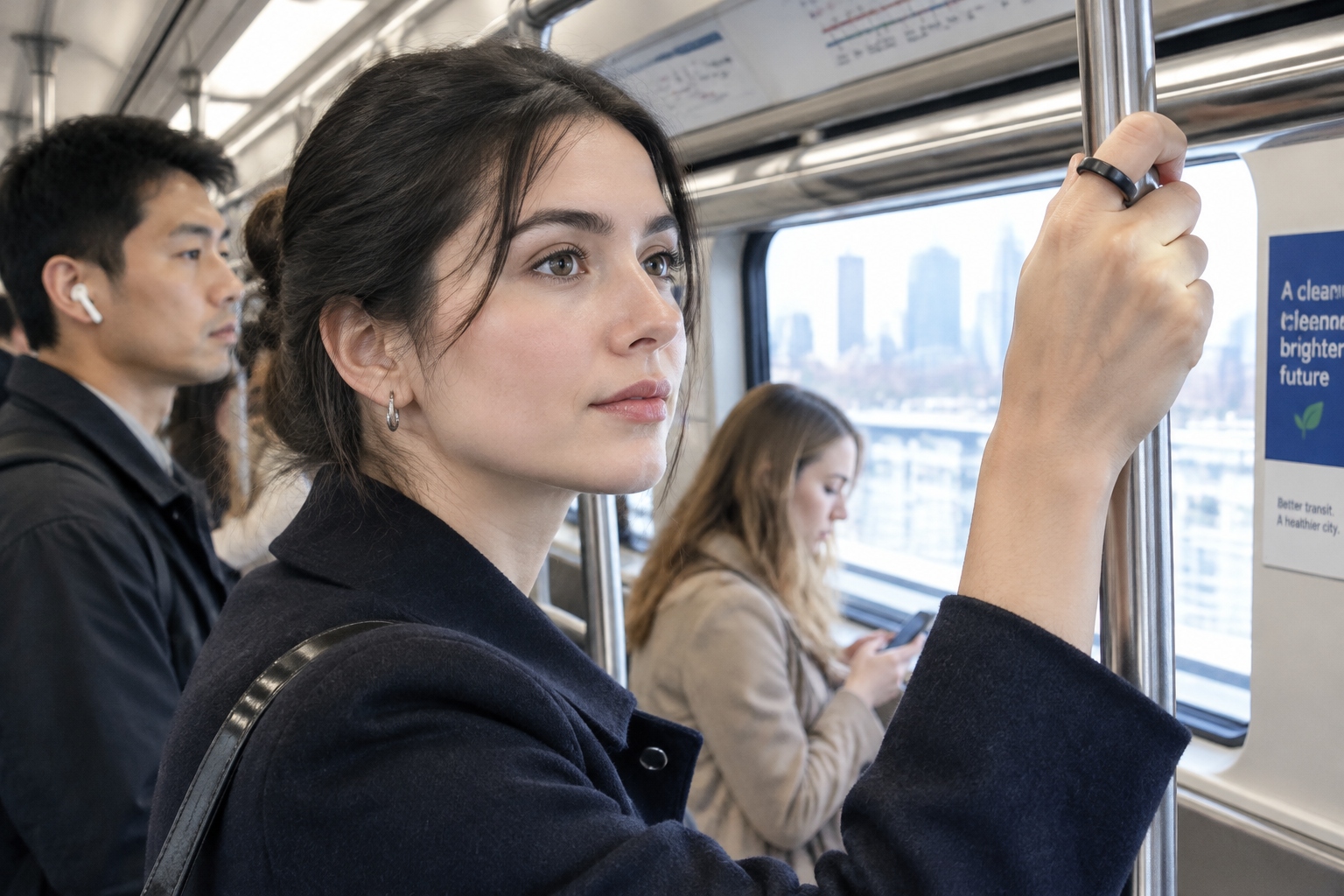 Close-up of a hand wearing a slim AI emotion-tracking smart ring while holding a subway handrail during the morning commute