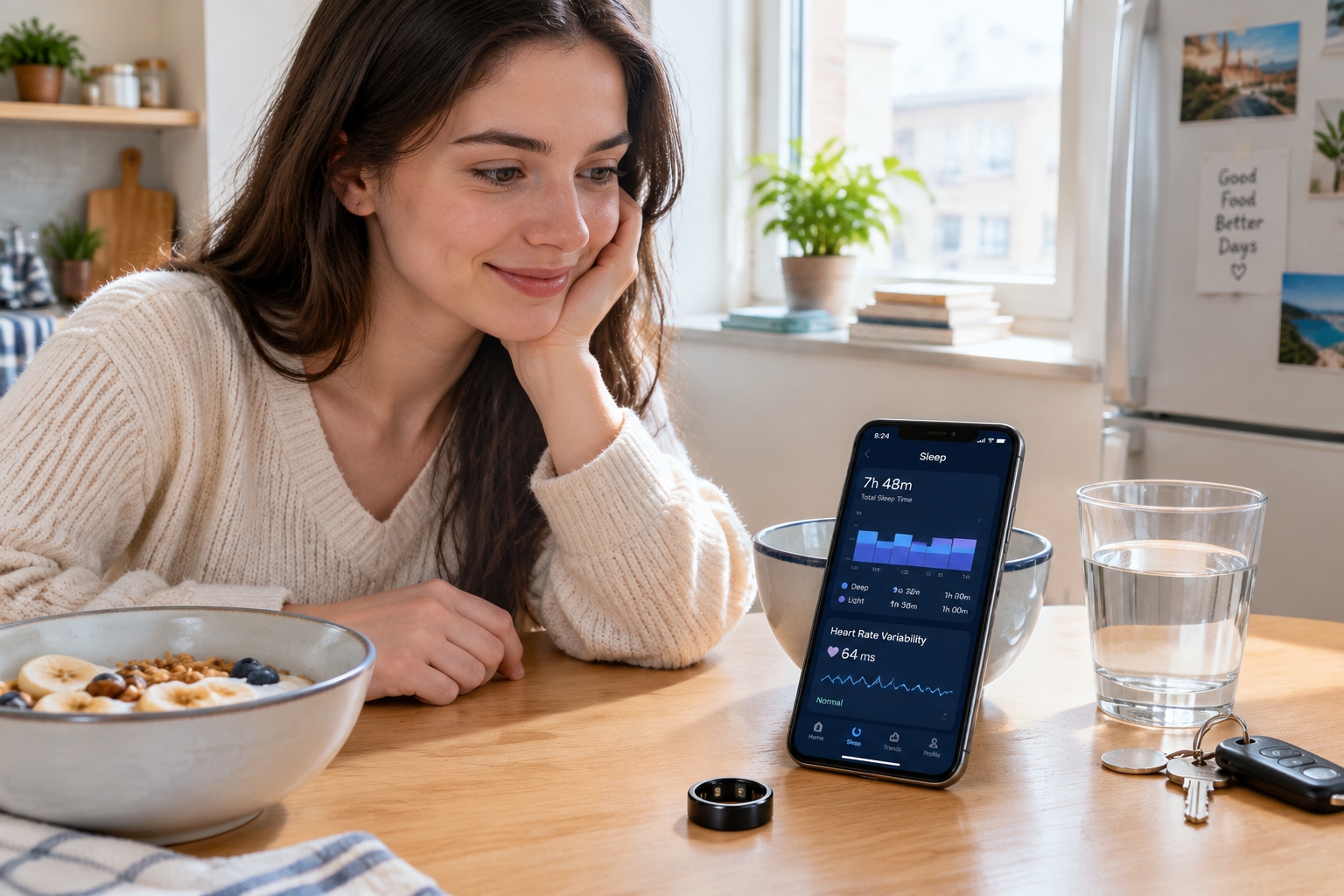 Phone showing a sleep and heart rate variability chart on a breakfast table next to a smart ring and a glass of water