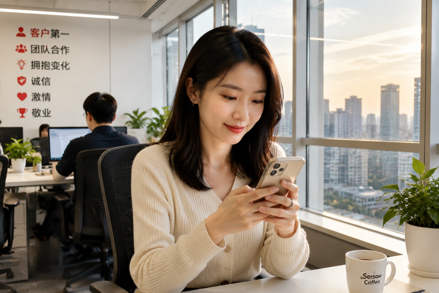 Young office worker checking a stress and recovery dashboard on her phone during a work break in a Chinese city office